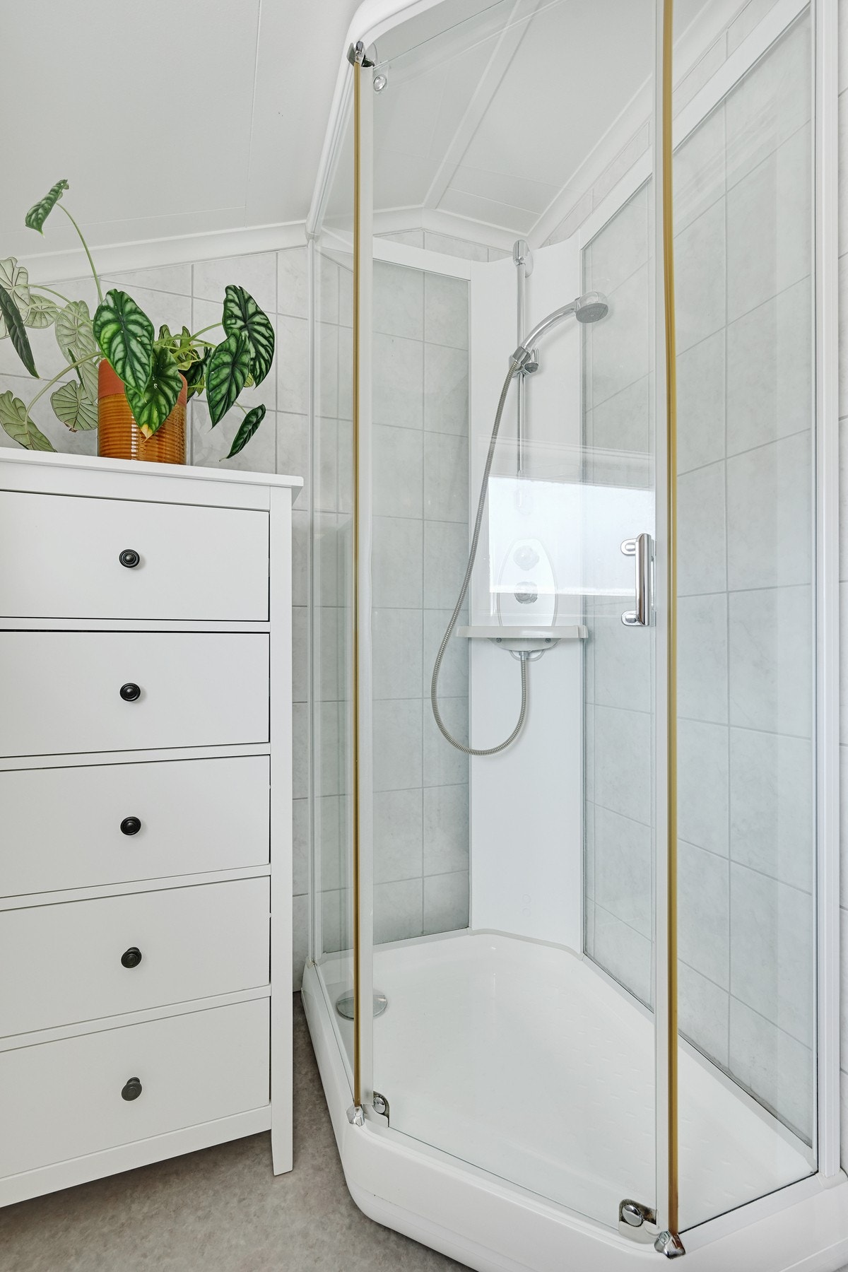 Badet er innredet med dusjvegger, pen baderomsinnredning, skap med speil og klosett. Galleribilde