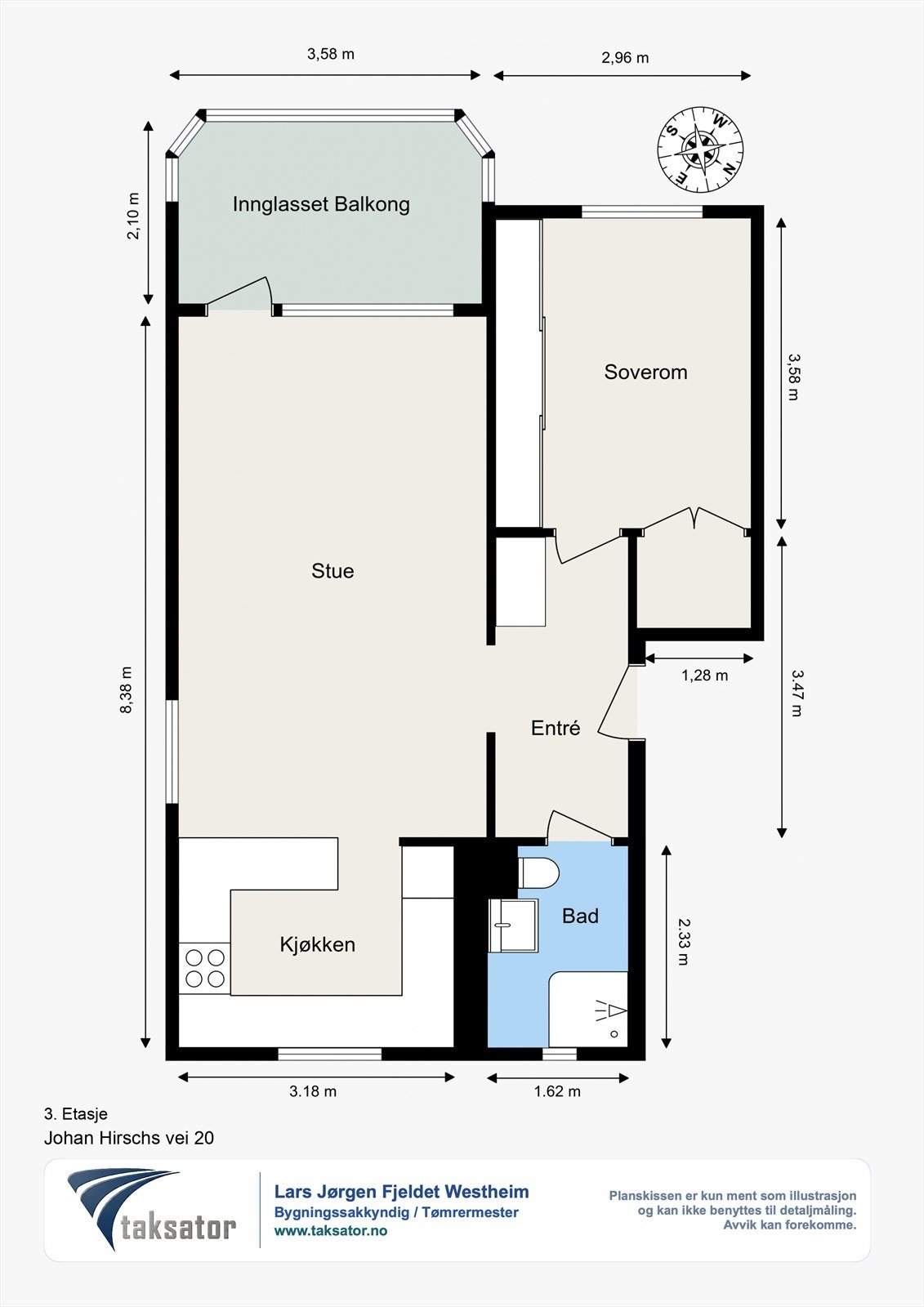 Plantegning fra takstmann for leiligheten i 3.etasje. Galleribilde