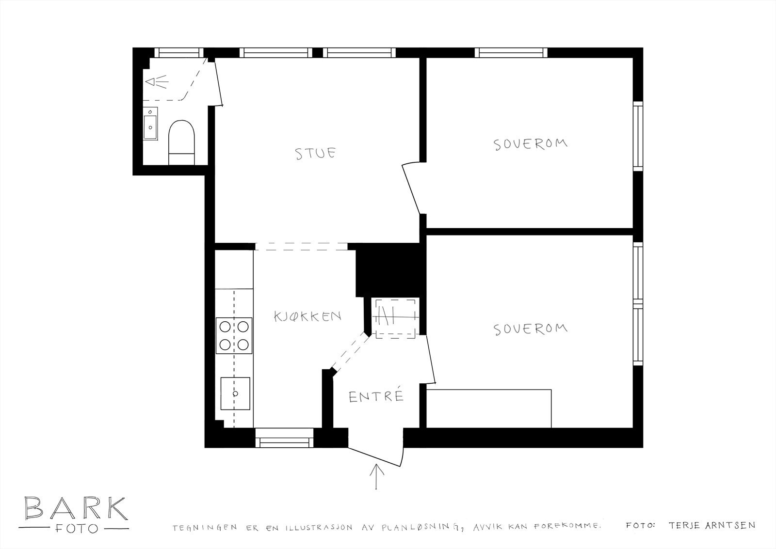 Plantegning 1. etasje. Leiligheten har egen inngangsdør. Huset består av to eierseksjoner. Galleribilde