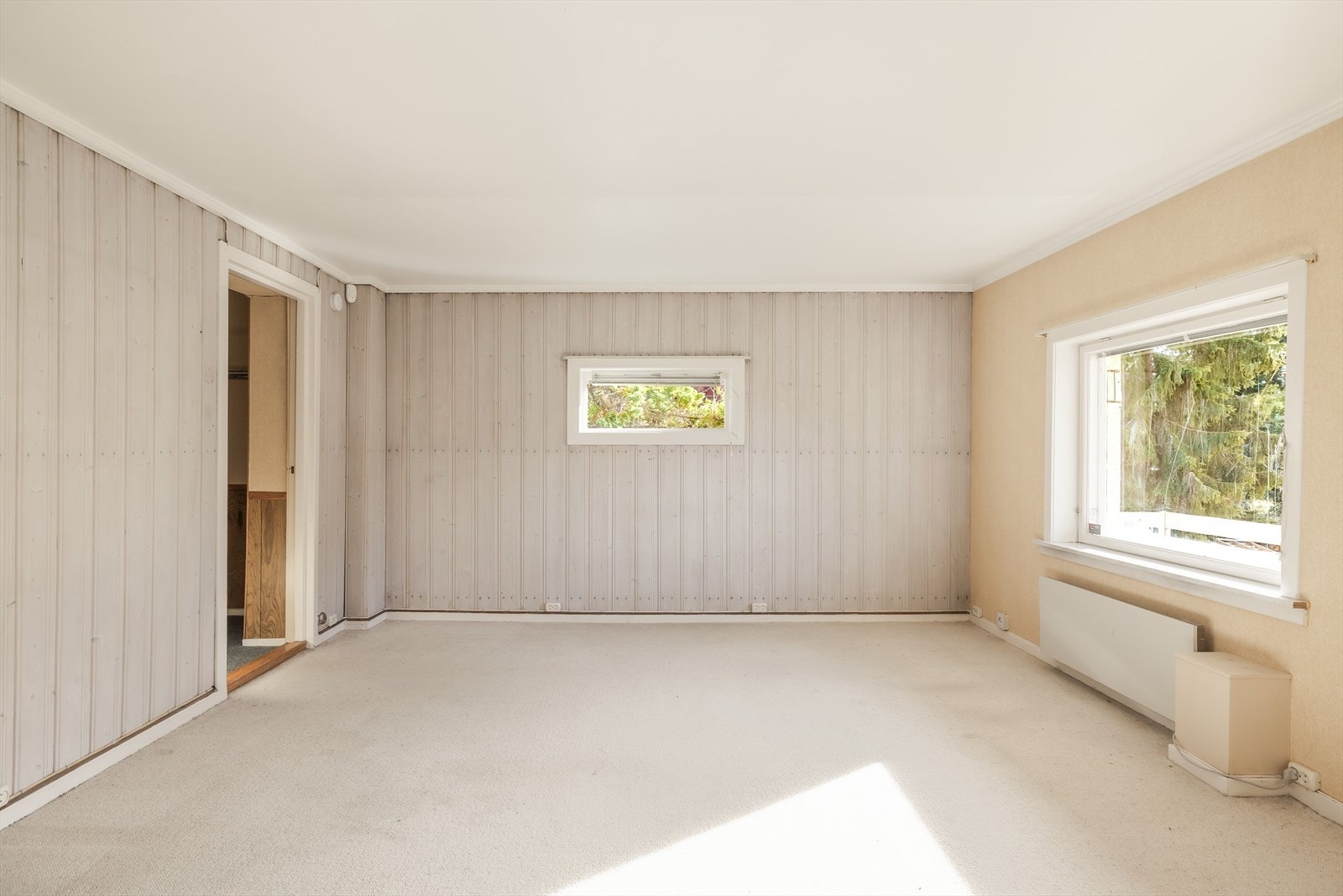 Stor og lys stue med teppe på gulvet. Galleribilde