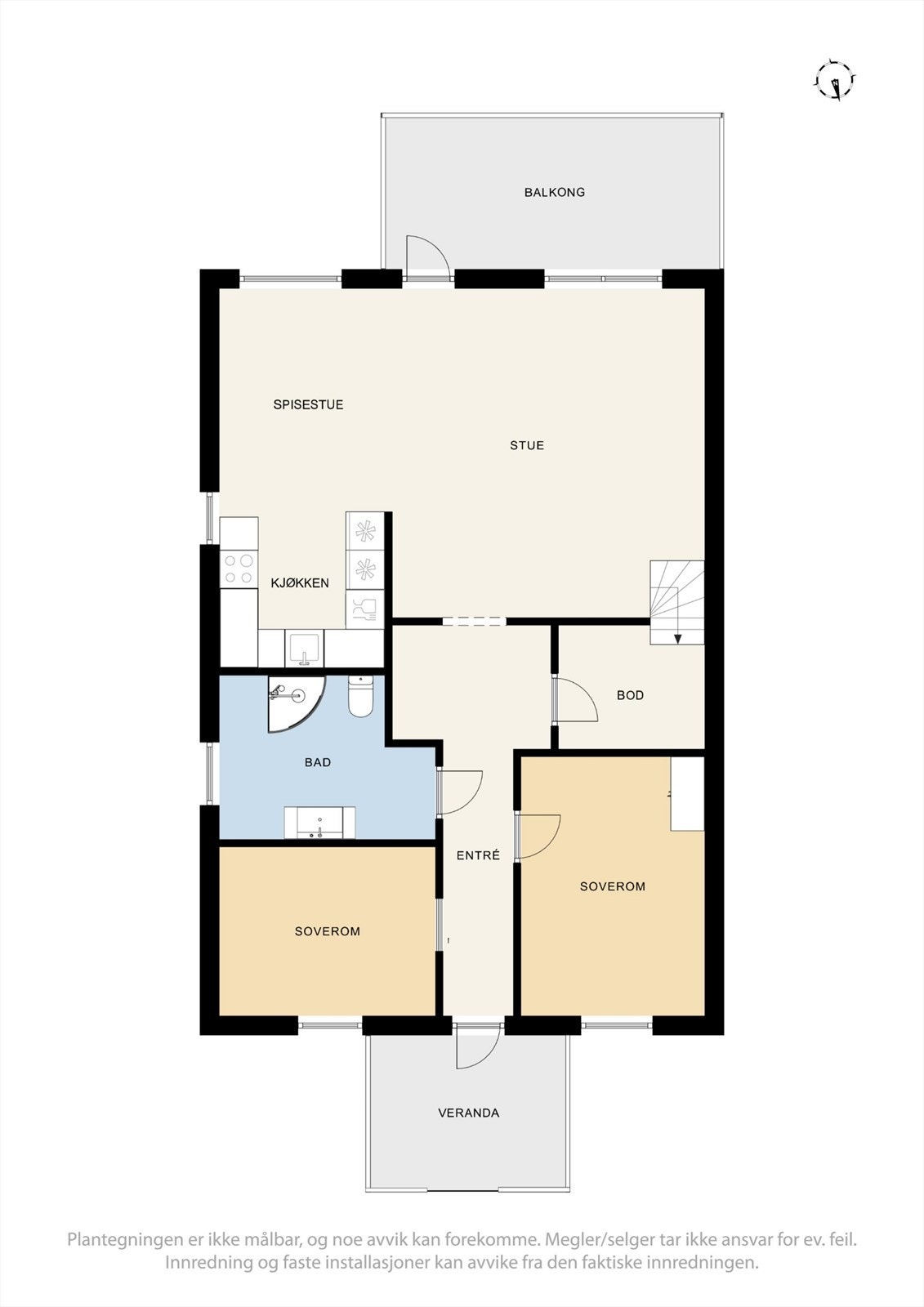 Hovedetasjen på 83 m² inneholder stue, kjøkken, to soverom, bad og en innvendig bod. Galleribilde