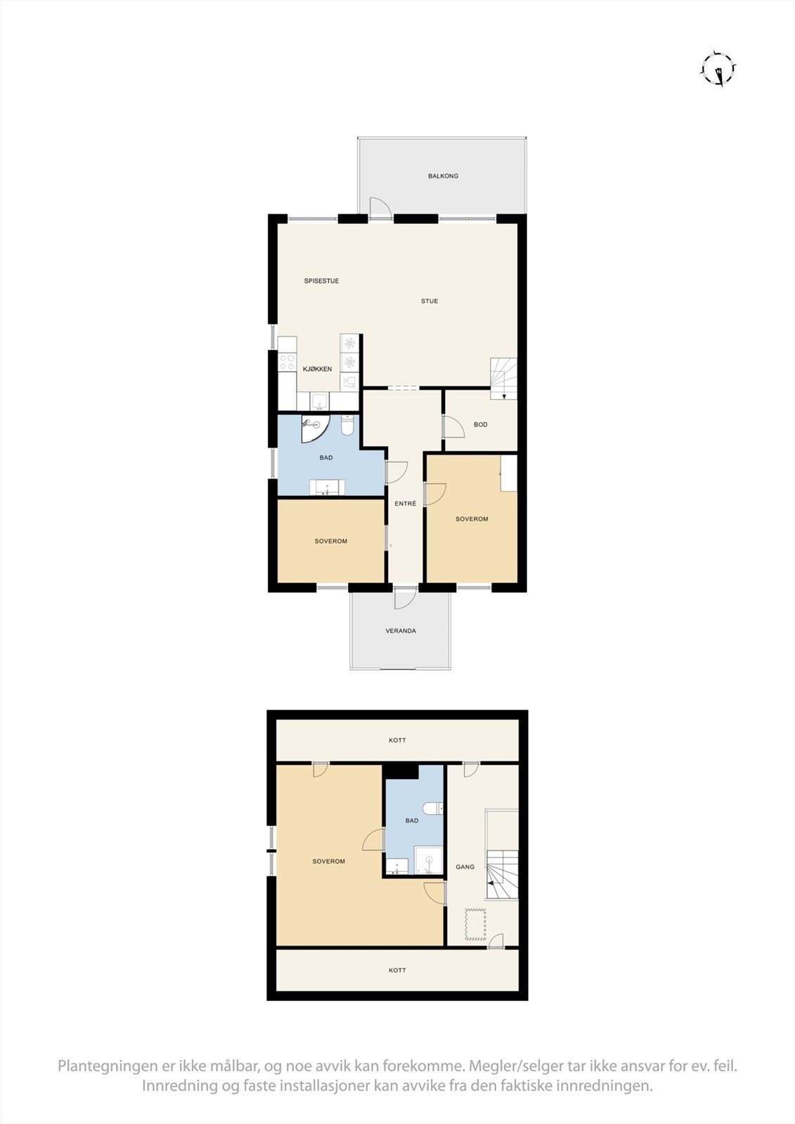 Familievennlig planløsning fordelt over to etasjer, med et samlet bruksareal på 117 m². Her får man tre soverom, to bad og store, sosiale soner. Galleribilde