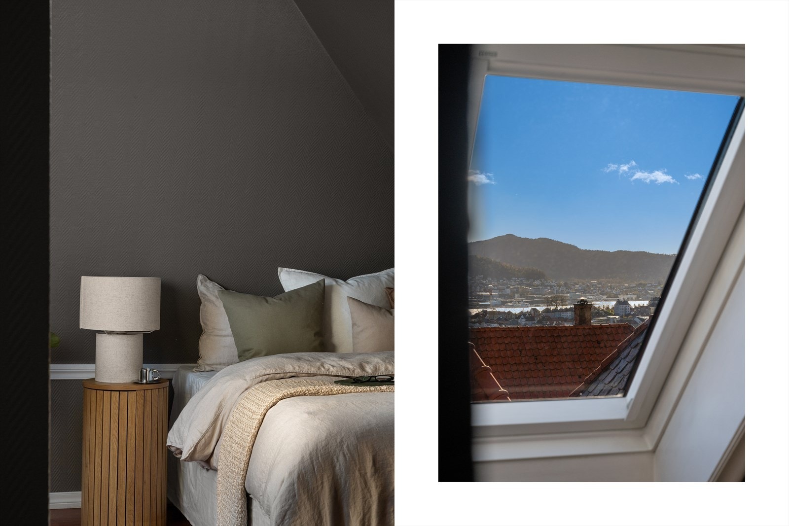 Unik utsikt fra takvinduet med vidt blikk over Bergen by, Byfjorden og byfjellene. Galleribilde