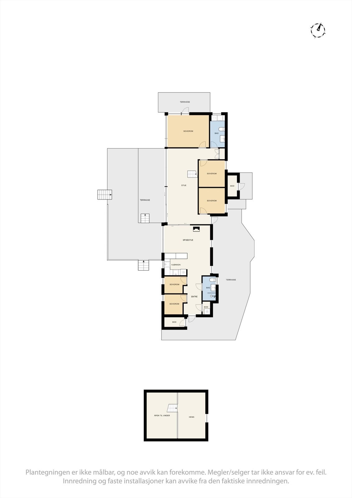 Fritidsboligen har en gjennomtenkt planløsning over ett plan, med et samlet bruksareal på 110 m². Her er det fem soverom og en god adskillelse mellom private og sosiale soner. Galleribilde
