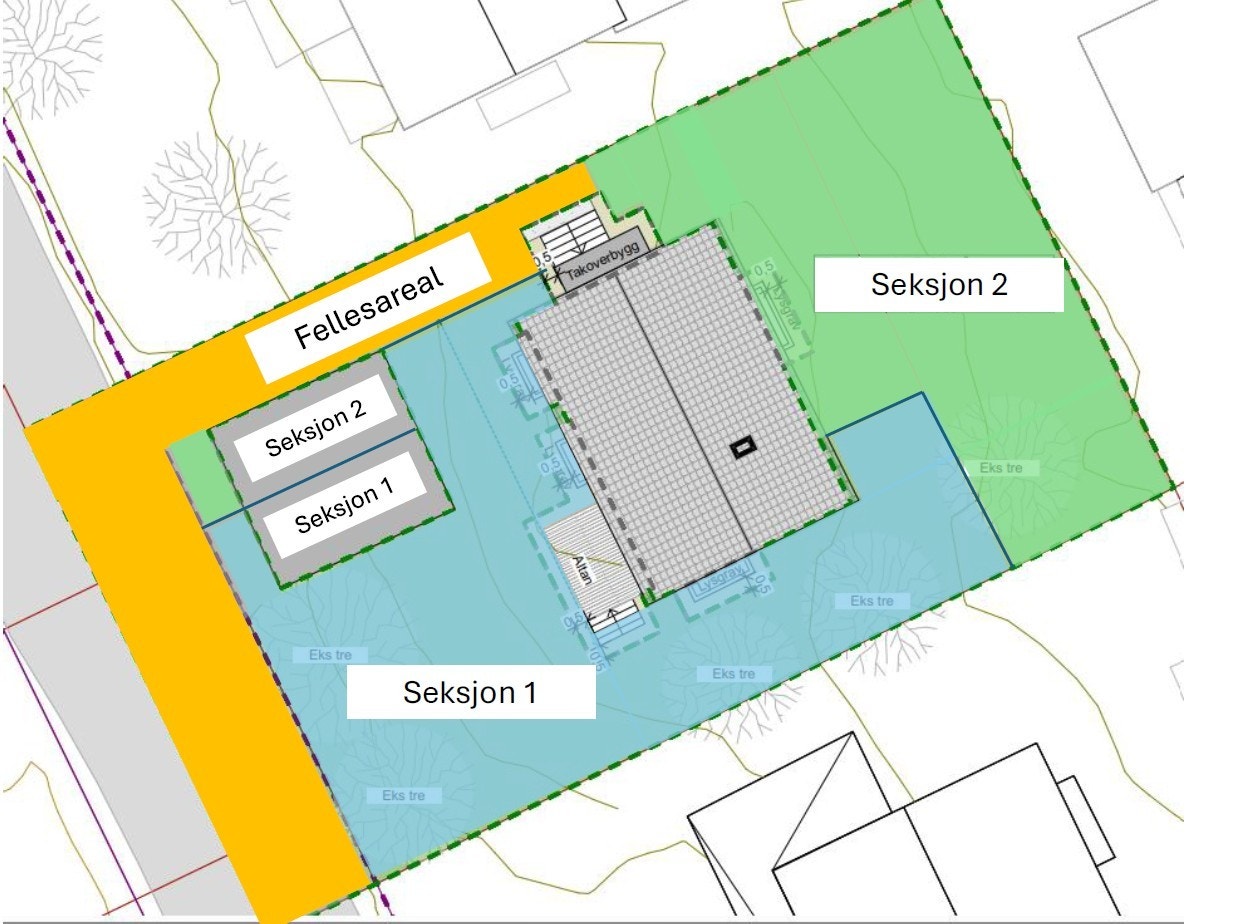 Fordeling uteområde. Aktuelle bolig er seksjon 2. Galleribilde