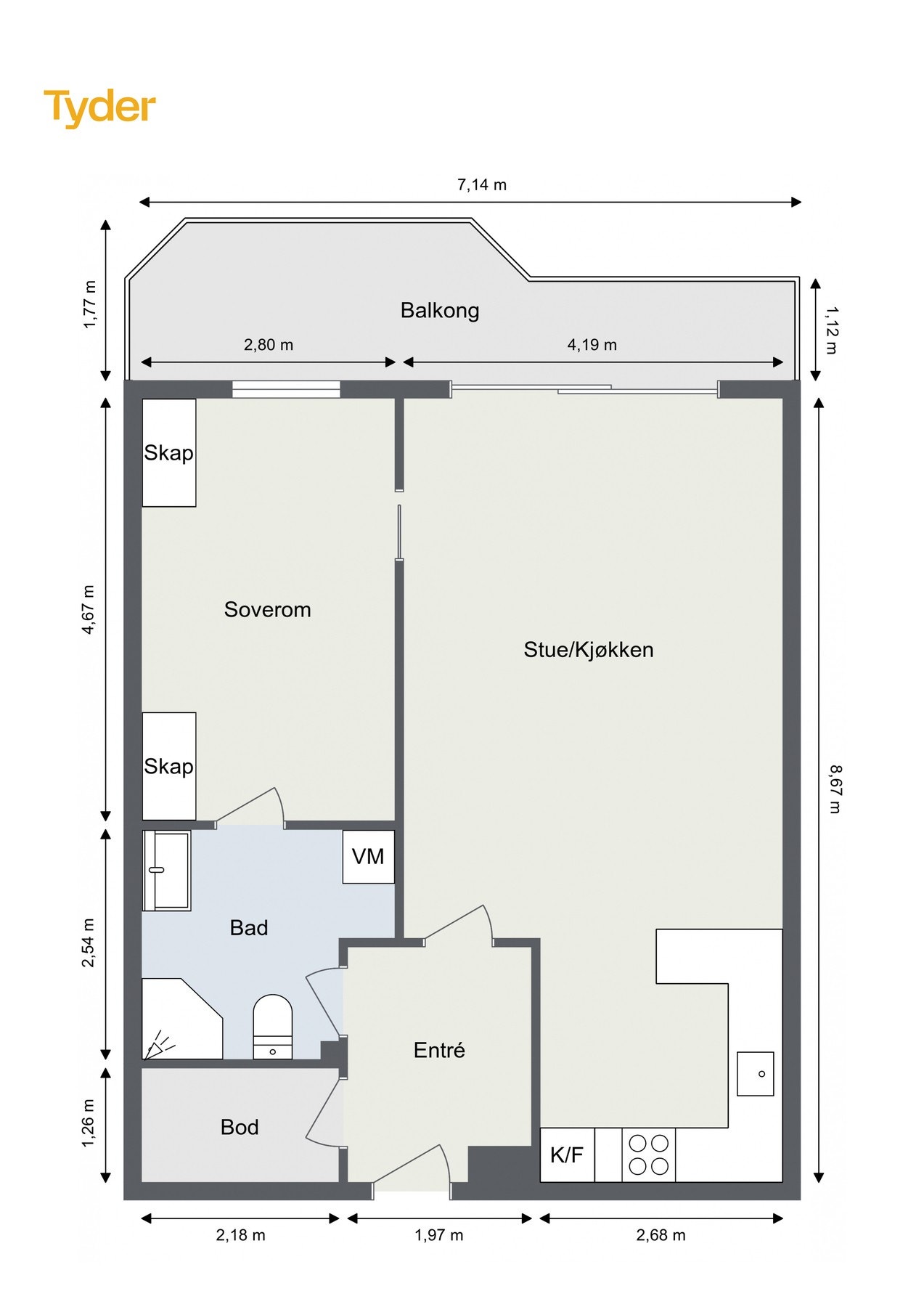 Plantegning. I tillegg disp. leiligheten en kjellerbod på ca. 5 m2. Galleribilde