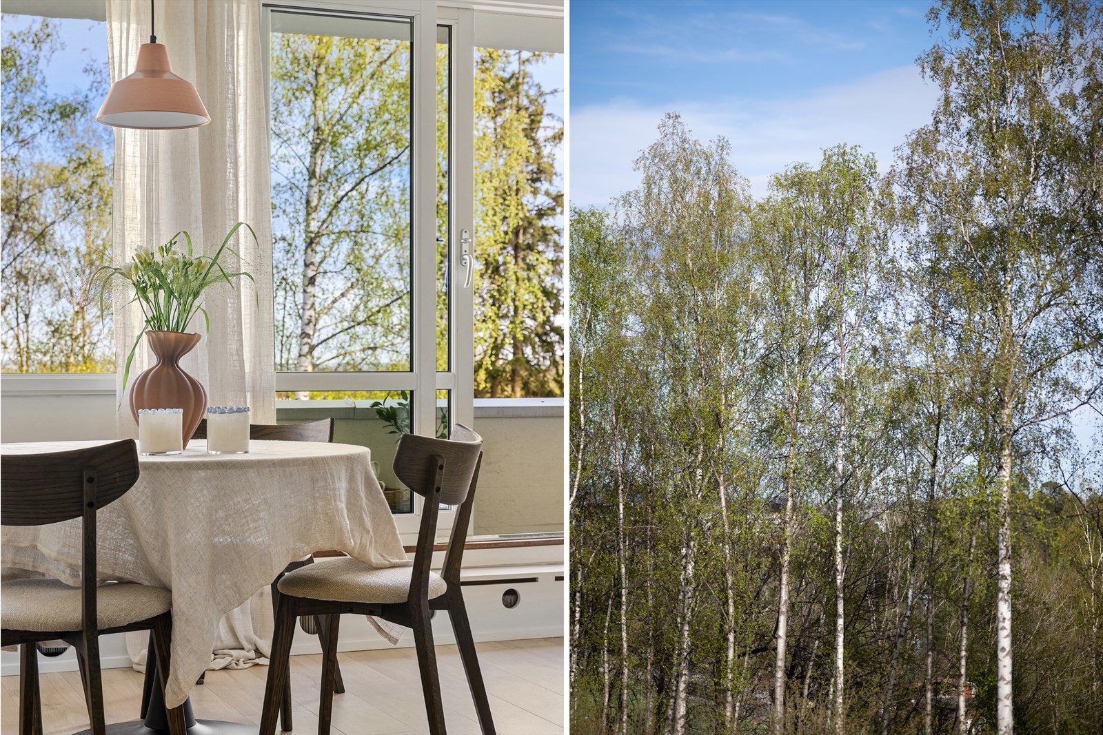 Åpen og lys stue med store vindusflater fra gulv til tak Galleribilde