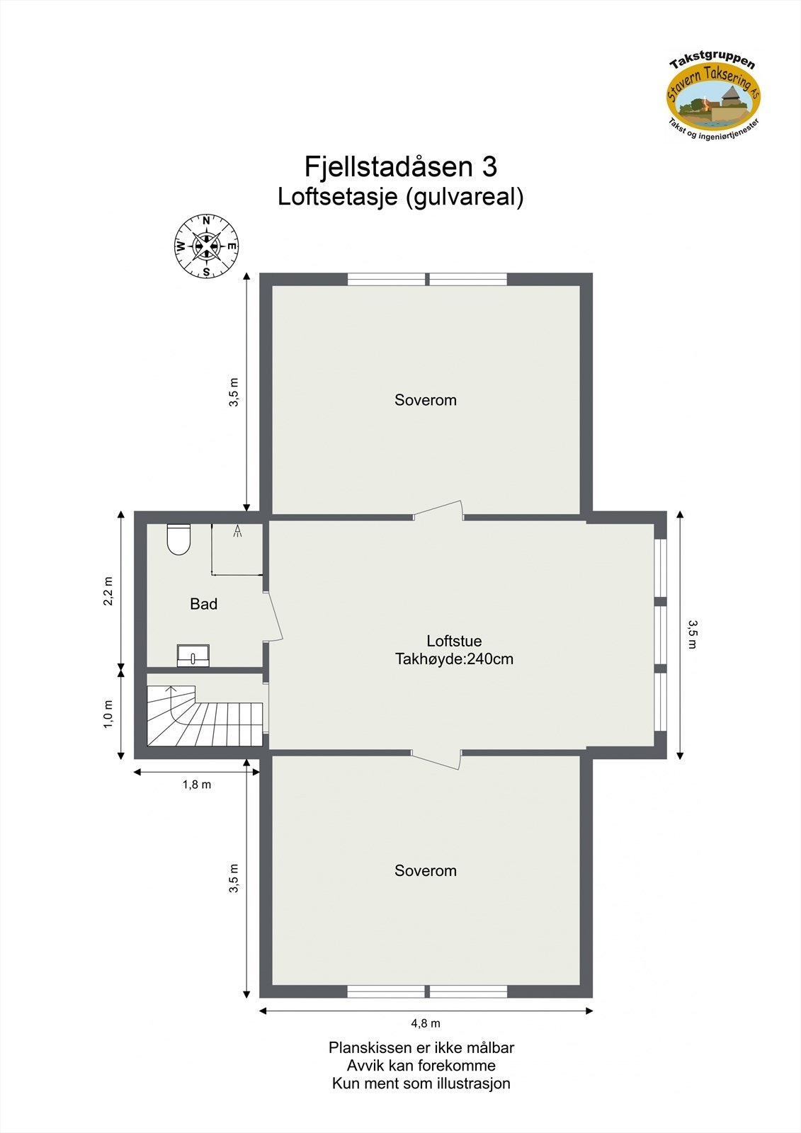 Loftsetasjen er innredet med en stue, to rom og et baderom. Omgjøringen av loftet er ikke omsøkt hos kommunen. Galleribilde