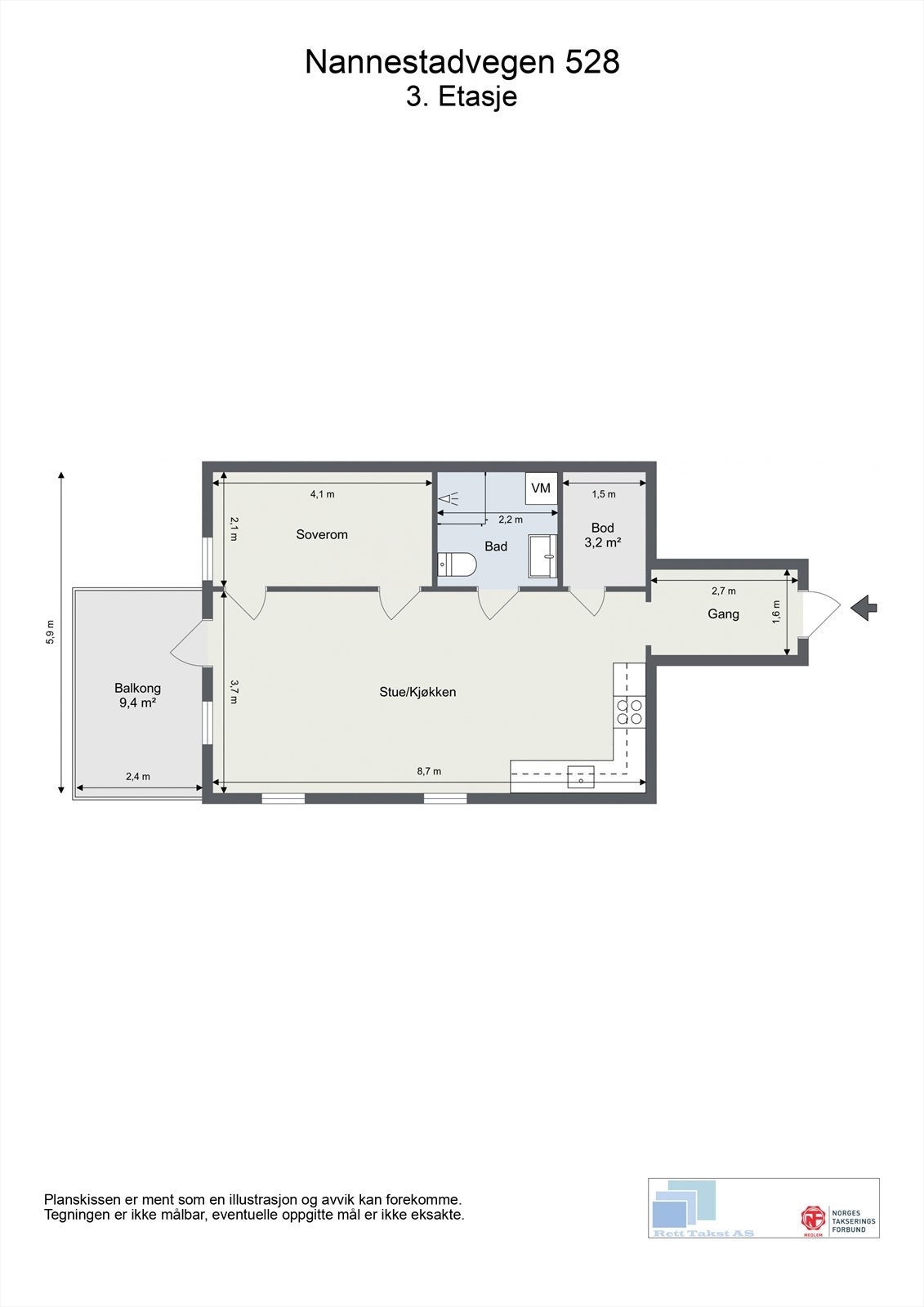 Leiligheten har en effektiv planløsning på 55 m² med åpen stue- og kjøkkenløsning, soverom og intern bod. Galleribilde