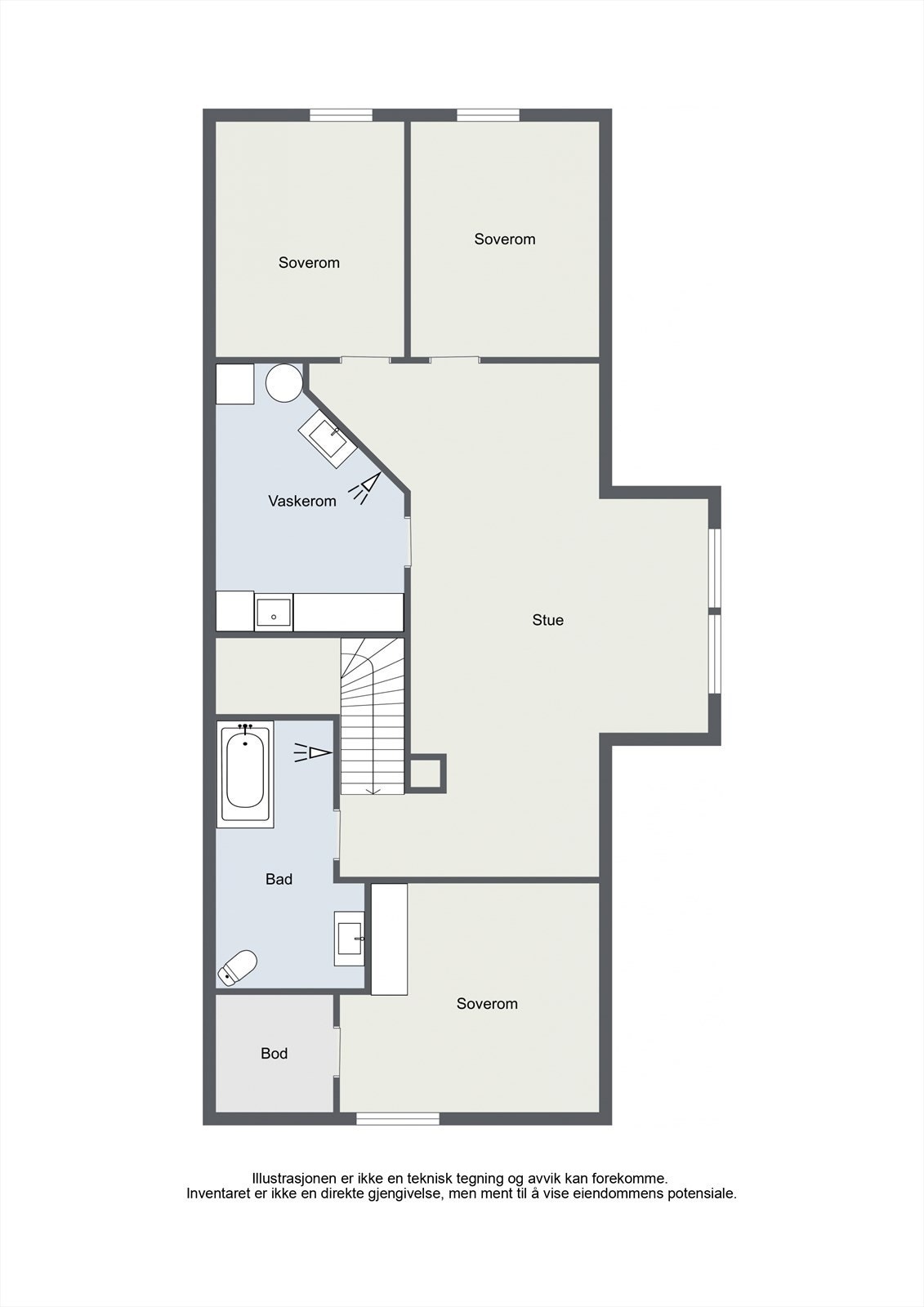 Loftsetasjen er en privat sone med tre soverom, en ekstra stue, bad og et separat vaskerom. Galleribilde