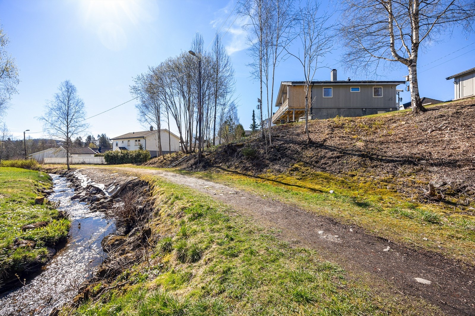 Langs bekken ligger lysløypa som fungerer som gangsti til sentrum og skoler i sommerhalvåret. Galleribilde