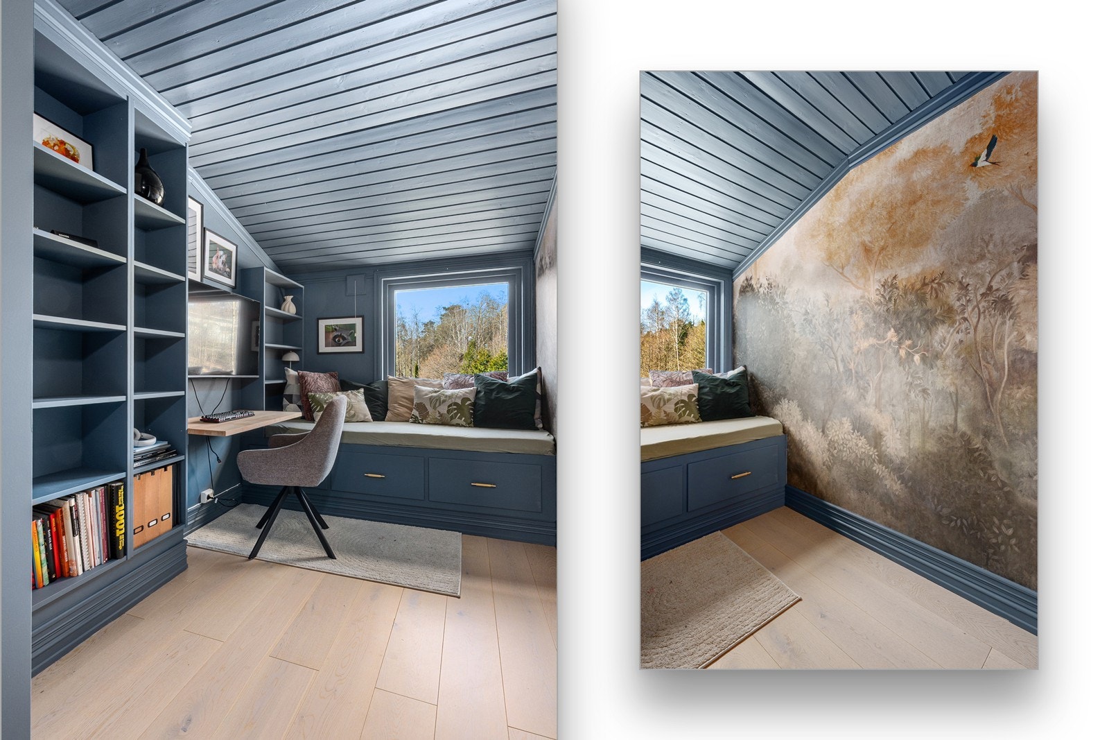 Et av soverommene har drømmende tapet på én vegg, plassbygde hyller, seng og pult. Galleribilde