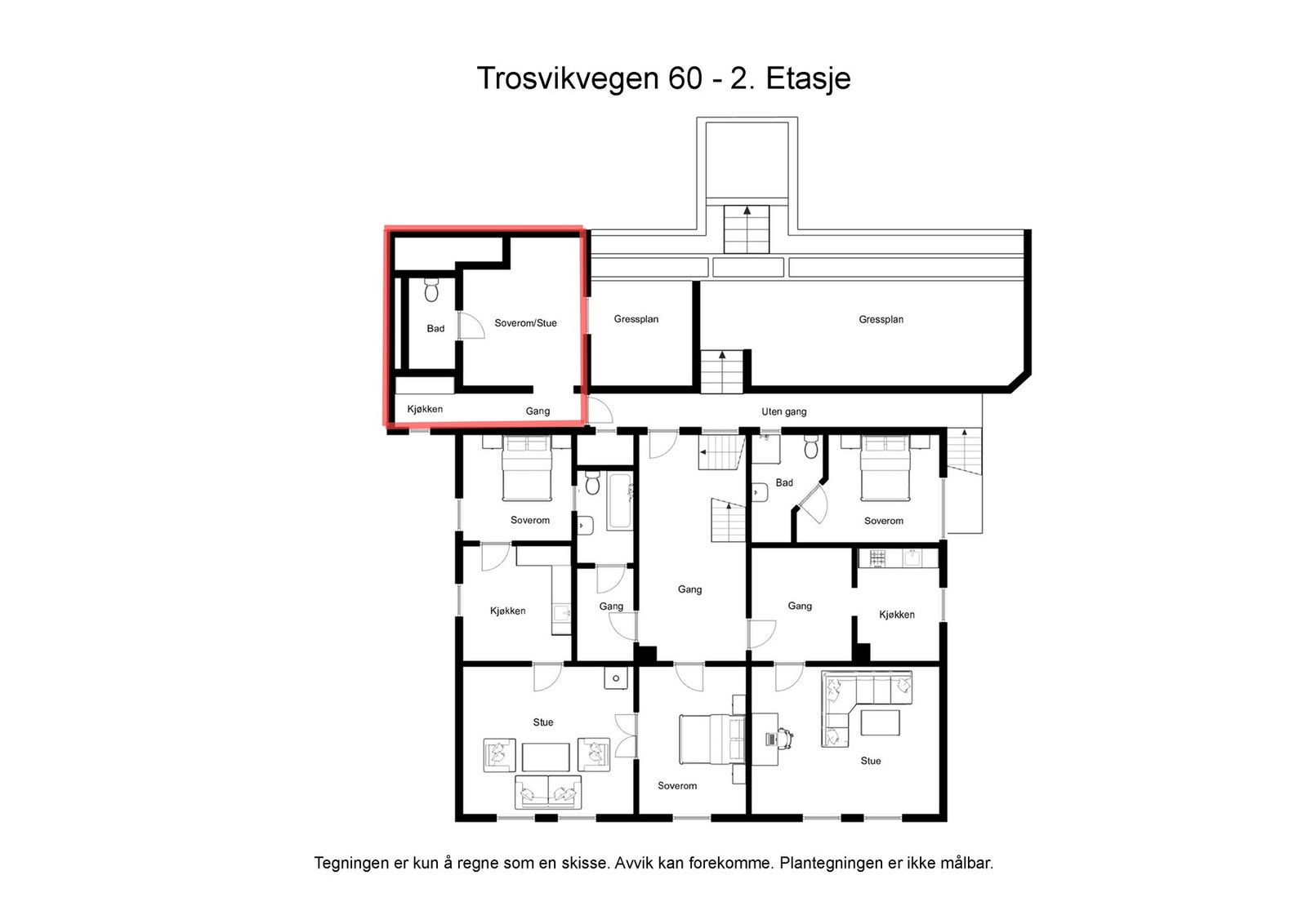 Planløsning 2.etasje. Har inngang fra baksiden av bygge eller innvendig trapp fra 1.etasje. Galleribilde