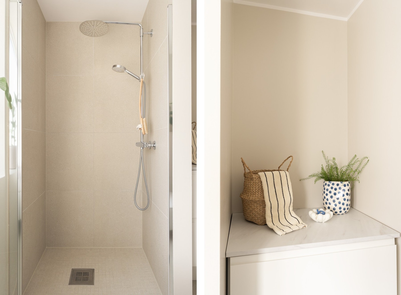 Badet holder en høy standard med varmekabler i gulv, vegghengt toalett og dusjnisje med glassdør. Galleribilde