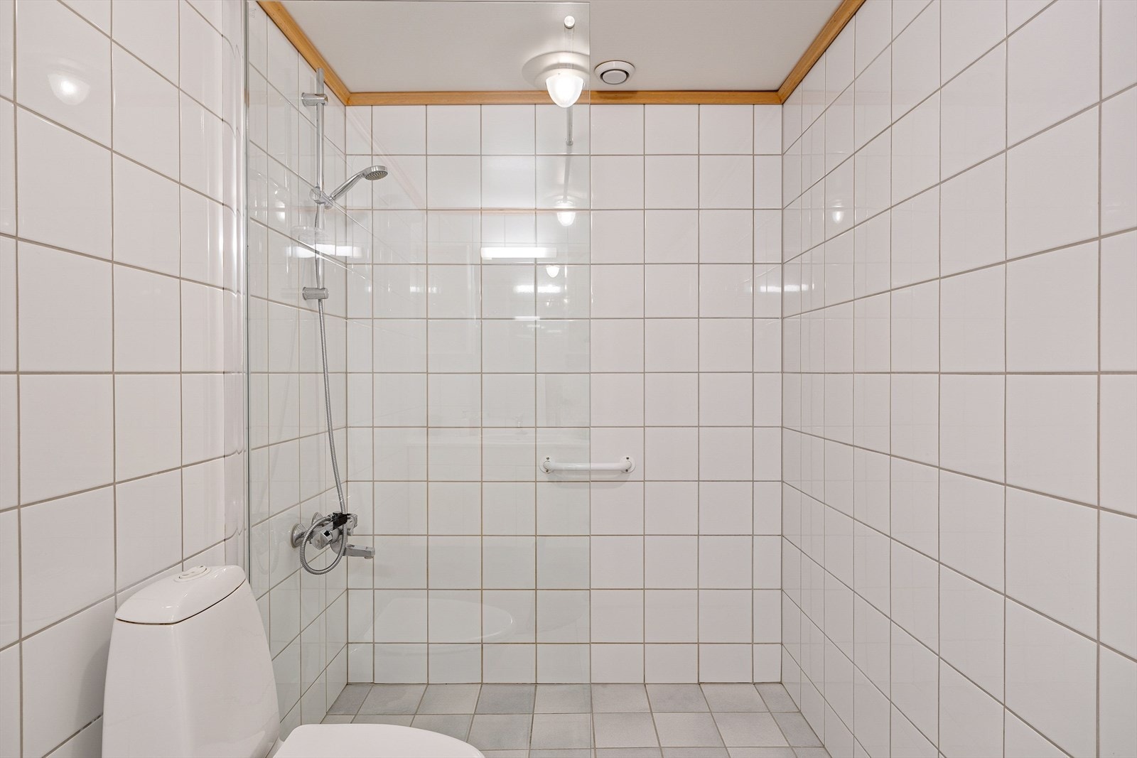 Badet er utstyrt med klosett, enkel servant, skap som gir rikelig med oppbevaringsplass og dusjnisje. Galleribilde