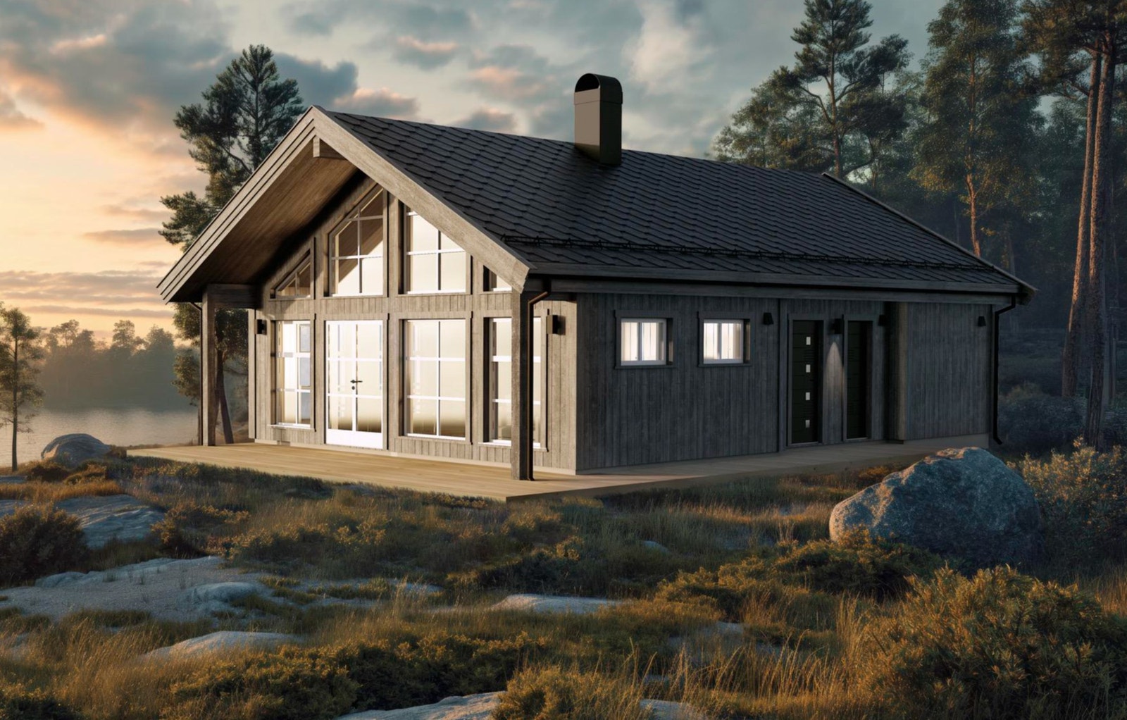 Vår nye hyttemodell Frøya 75 har alt man ønsker seg av en moderne hytte! Illustrasjon Galleribilde