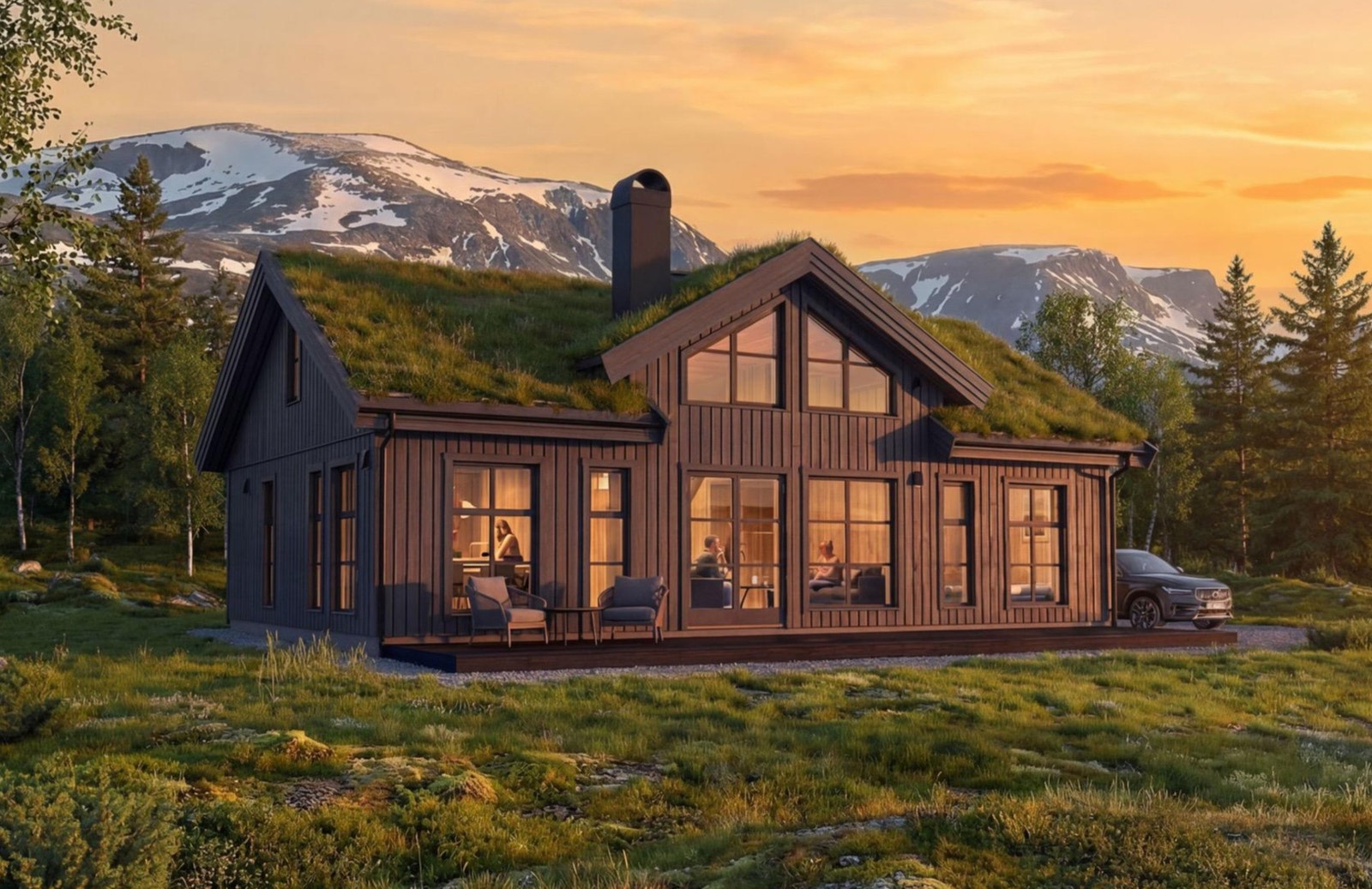 Hyttemodellen Lofoten 85. Foto er en AI illustrasjon. I prosjektet leveres shingel på tak. Galleribilde