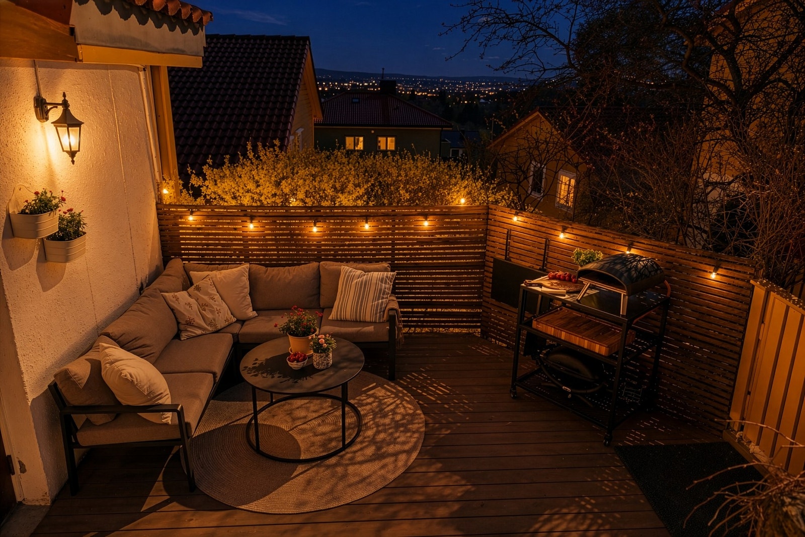 Nydelig kveldsstemning på terrassen med dempet belysning og utsikt over glitrende bylys. Galleribilde