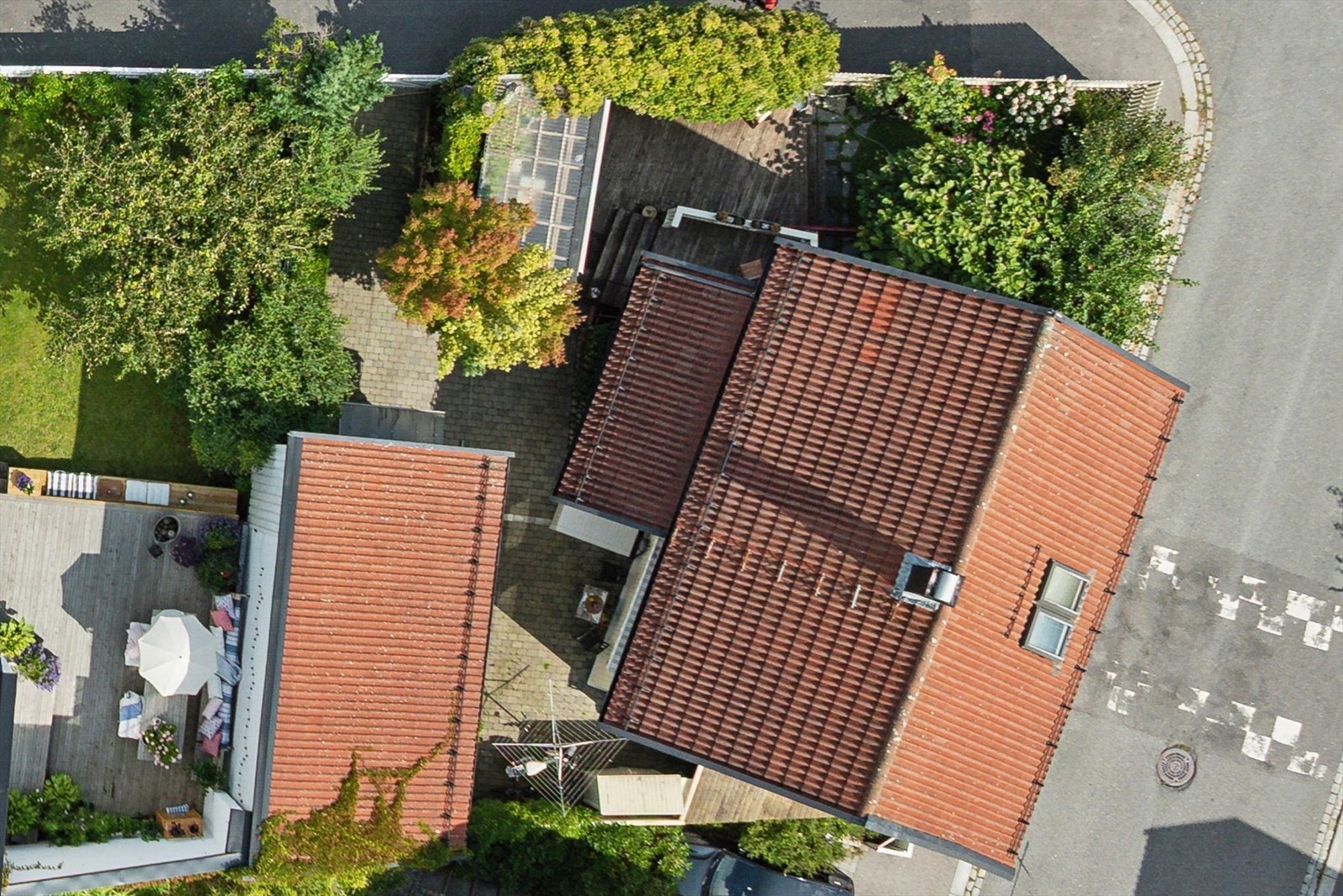Oversiktsbilde som viser hovedhuset, uthuset og de ulike uteområdene. Galleribilde
