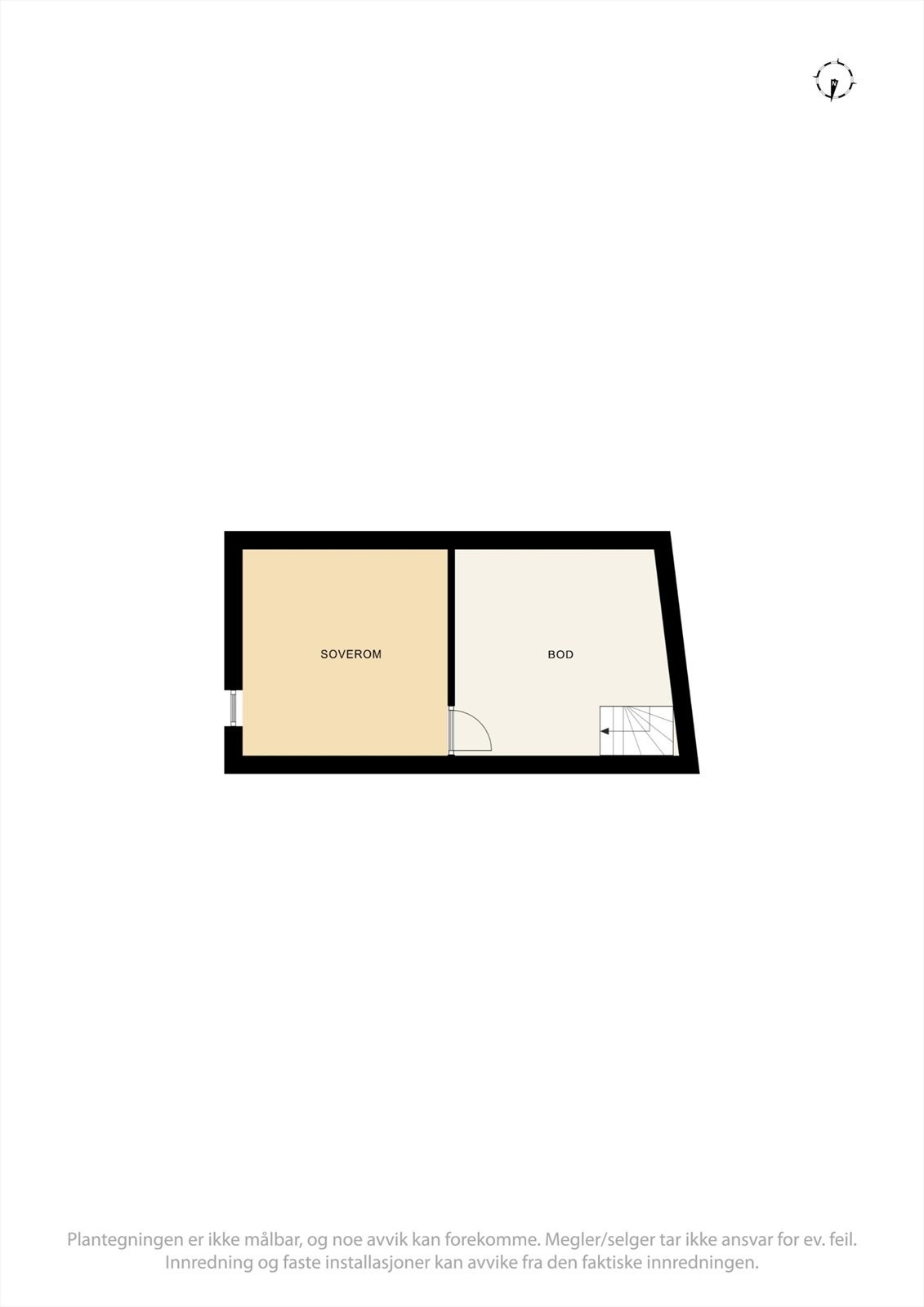 Planløsning for uthusets loft, som inneholder et innredet rom og en bod. Galleribilde