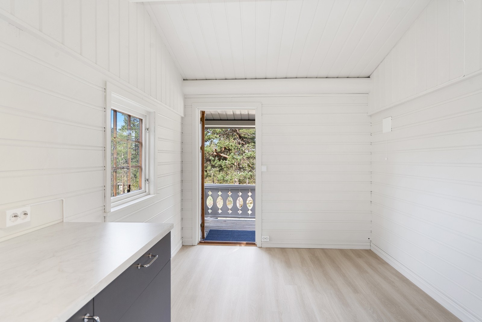Inne i annekset er det et innredet rom med en praktisk kjøkkenkrok og utgang til en overbygget terrasse. Galleribilde