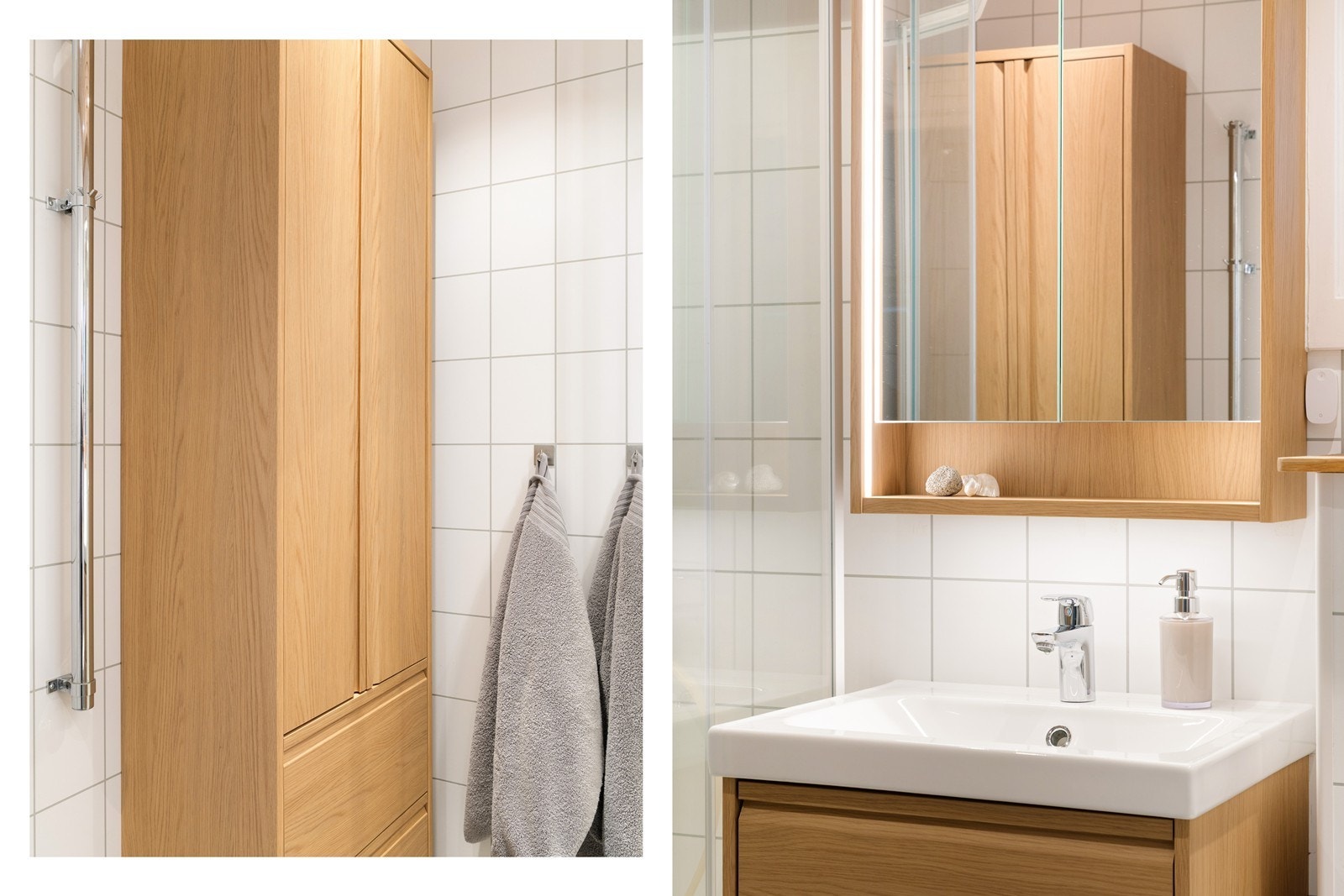 Varme er lagt i gulvet, og badet har toalett, downlights og dusjkabinett. En moderne innredning består av en servant med skuffer i trestruktur, et dobbelt høyskap i samme stil og et matchende speilskap med integrert belysning. Galleribilde