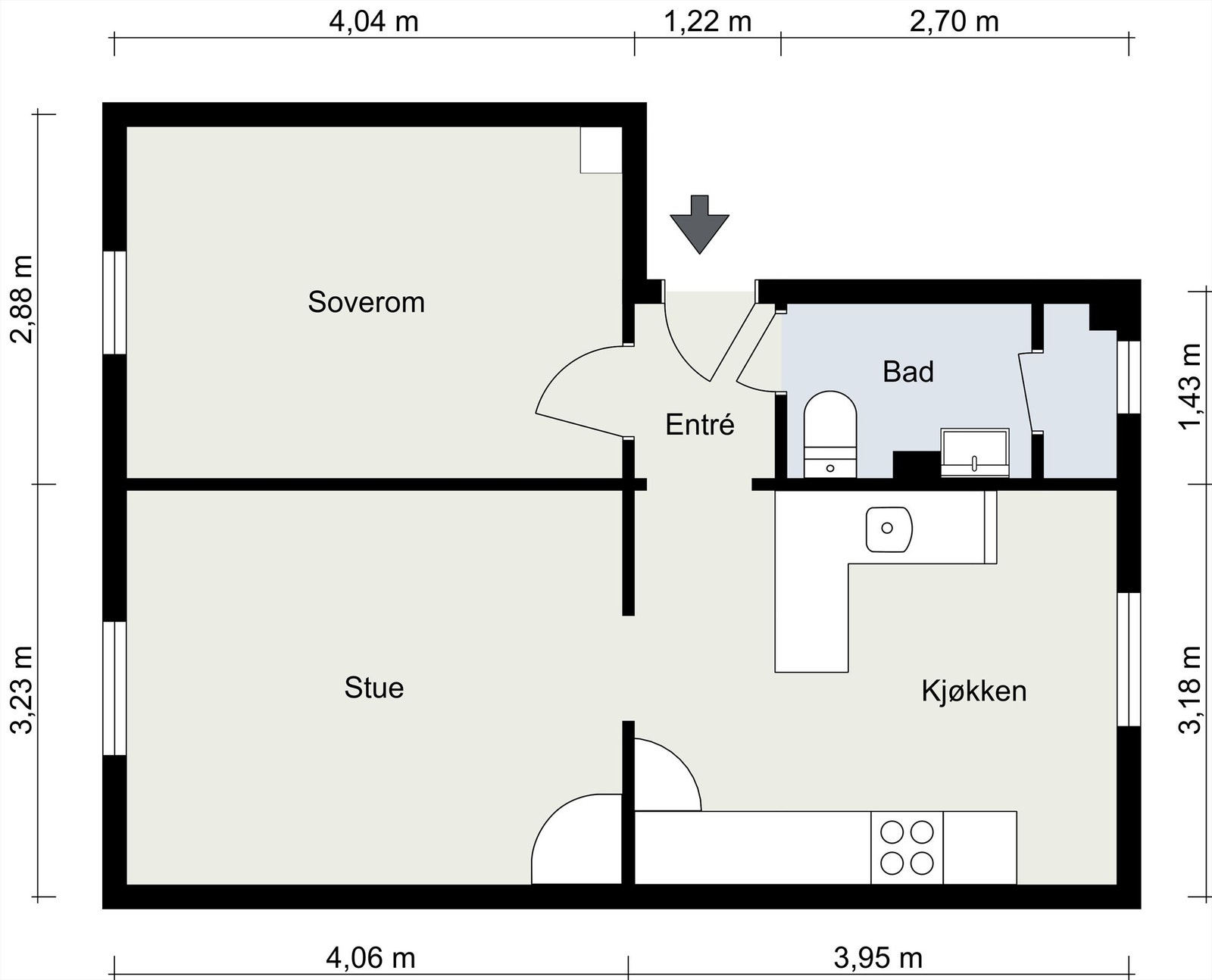 Plantegning. I tillegg disponerer leiligheten totalt 2 boder, en kjellerbod på ca. 6m² og en loftsbod på ca. 4m²(7m² gulvareal). Galleribilde