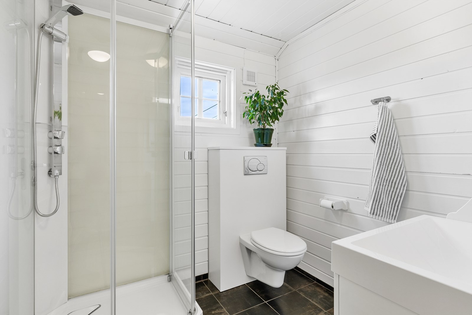 Badet er utstyrt med dusjkabinett og vegghengt toalett. Toalettet ble montert i 2010. Galleribilde