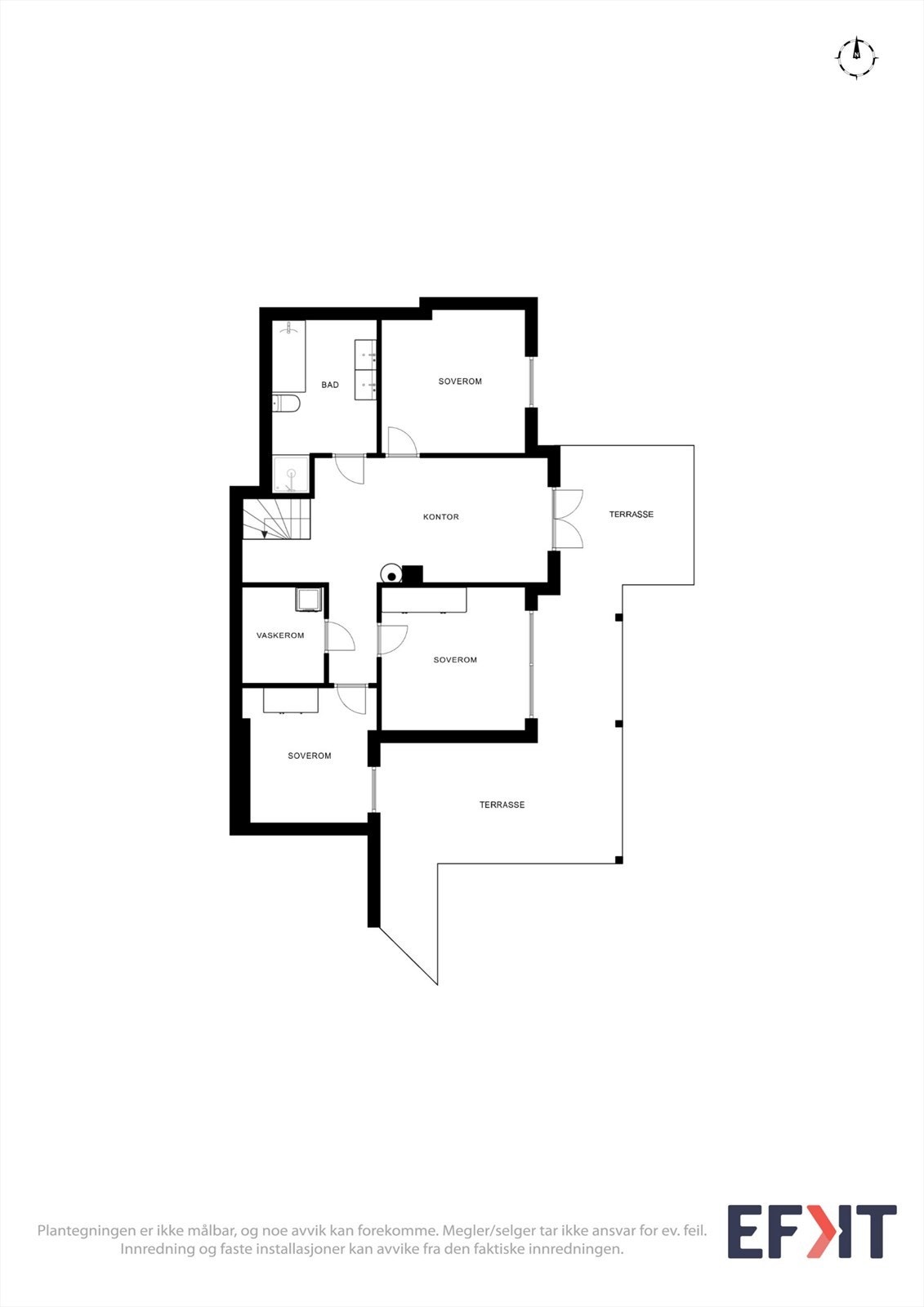 Plantegning sokkeletasje. I sokkel får man tre romslige soverom, bad, vaskerom og stue/kontor Galleribilde