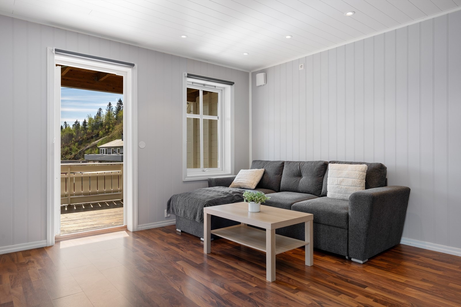 Utgang til romslig terrasse fra stuen Galleribilde