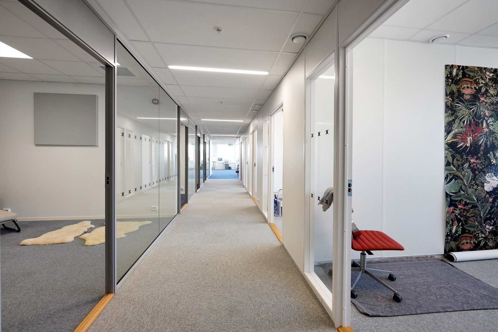 Lyst og moderne kontorlandskap med glassvegger, ideelt for et profesjonelt arbeidsmiljø. God belysning og praktisk rominndeling. Galleribilde