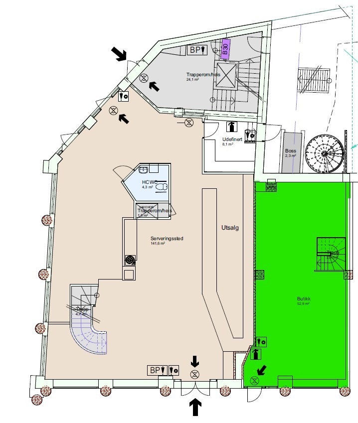 Plantegning butikk 1. etg. ca. BTA 69 m².