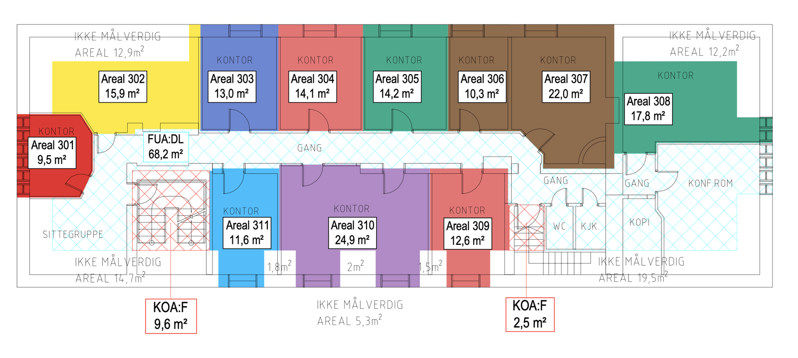 Plantegning. Areal 302, 303, 304 og 309 er ledig Galleribilde