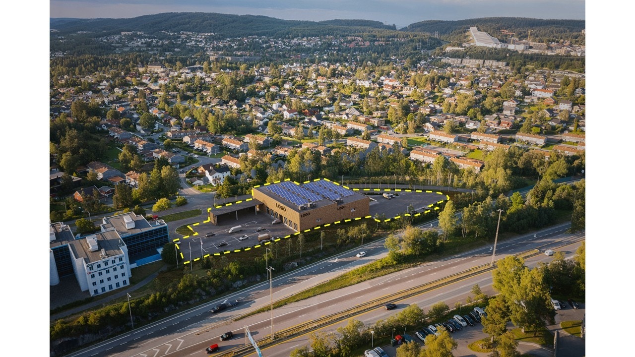 Illustrasjon: Uteområde og prosjektert nybygg er markert i gult. Det vil bli meget god eksponering mot E6. Galleribilde