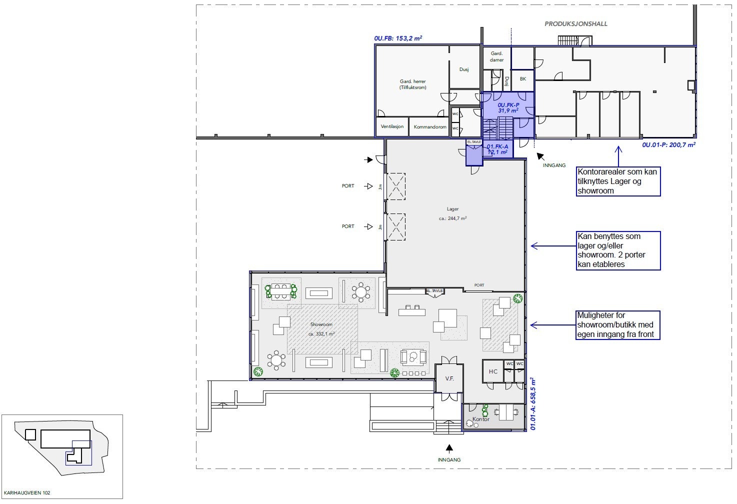 Plantegning som illustrerer mulig løsning for showroom/handel/kontor Galleribilde