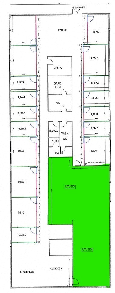 Plantegning kontor BTA 585 m². Areal merket i grønt er utleid.