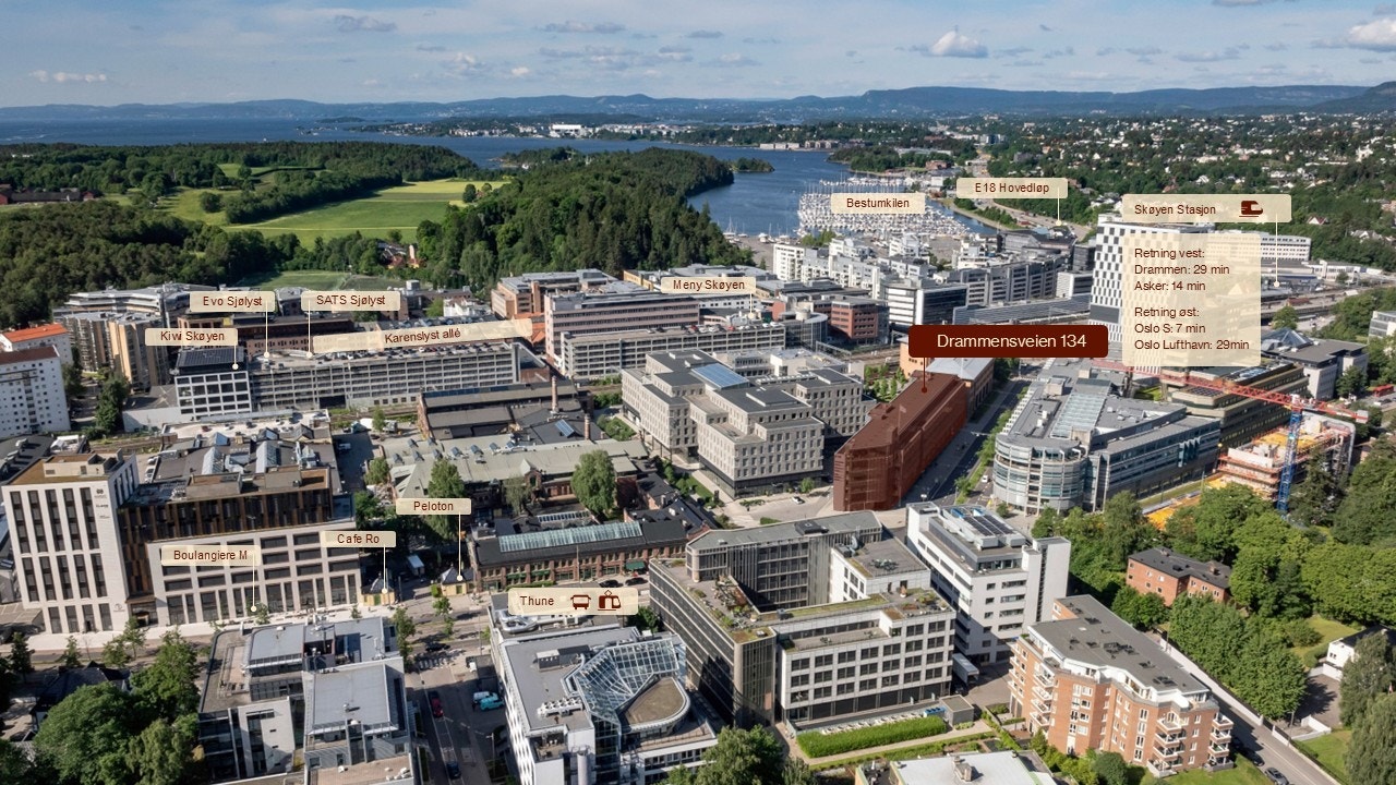 Drammensveien 134 ligger sentralt på Skøyen med umiddelbar nærhet til offentlig kommunikasjon og servicefasiliteter Galleribilde