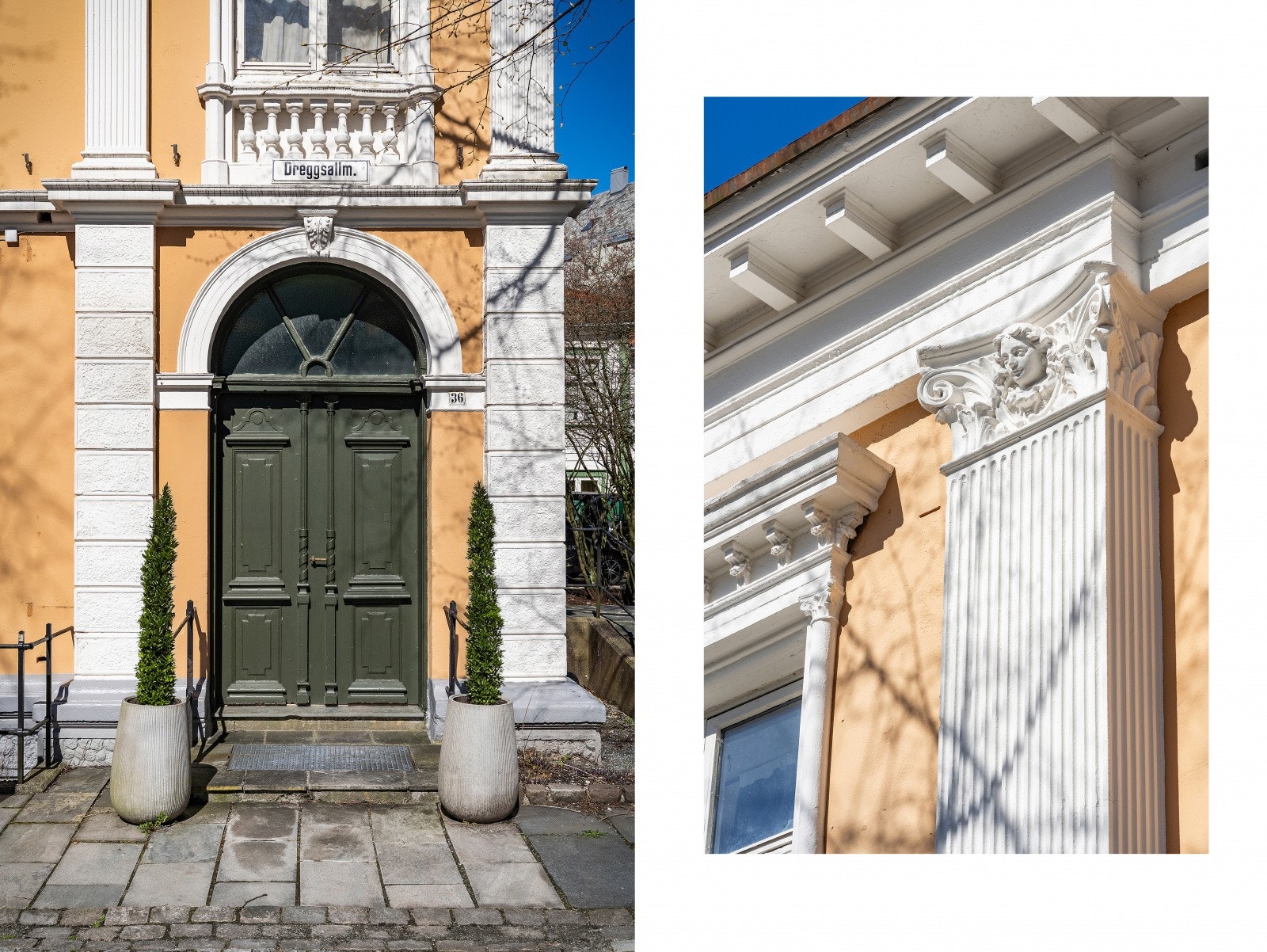 Dekorative fasadeelementer på et representativt bygg. Galleribilde