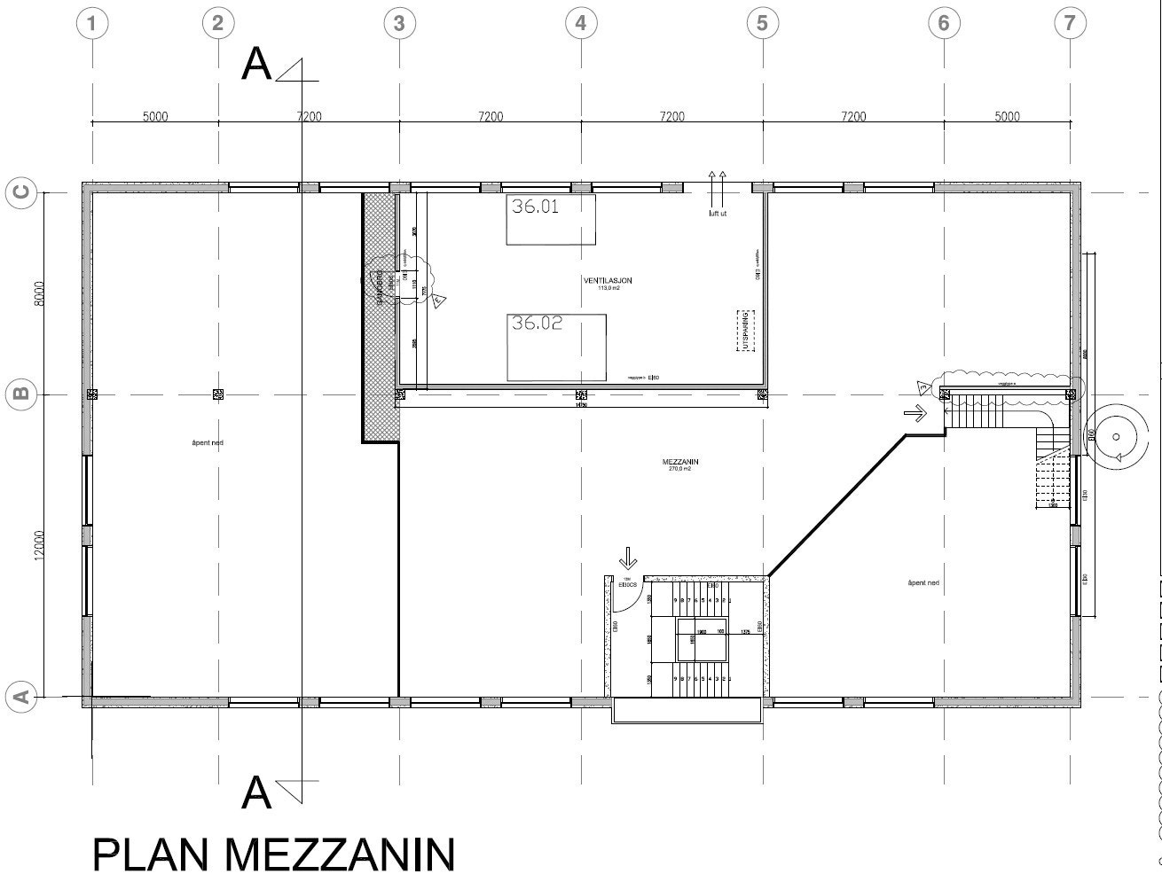 Plantegning mesanin etg. BTA ca. 346m². Galleribilde