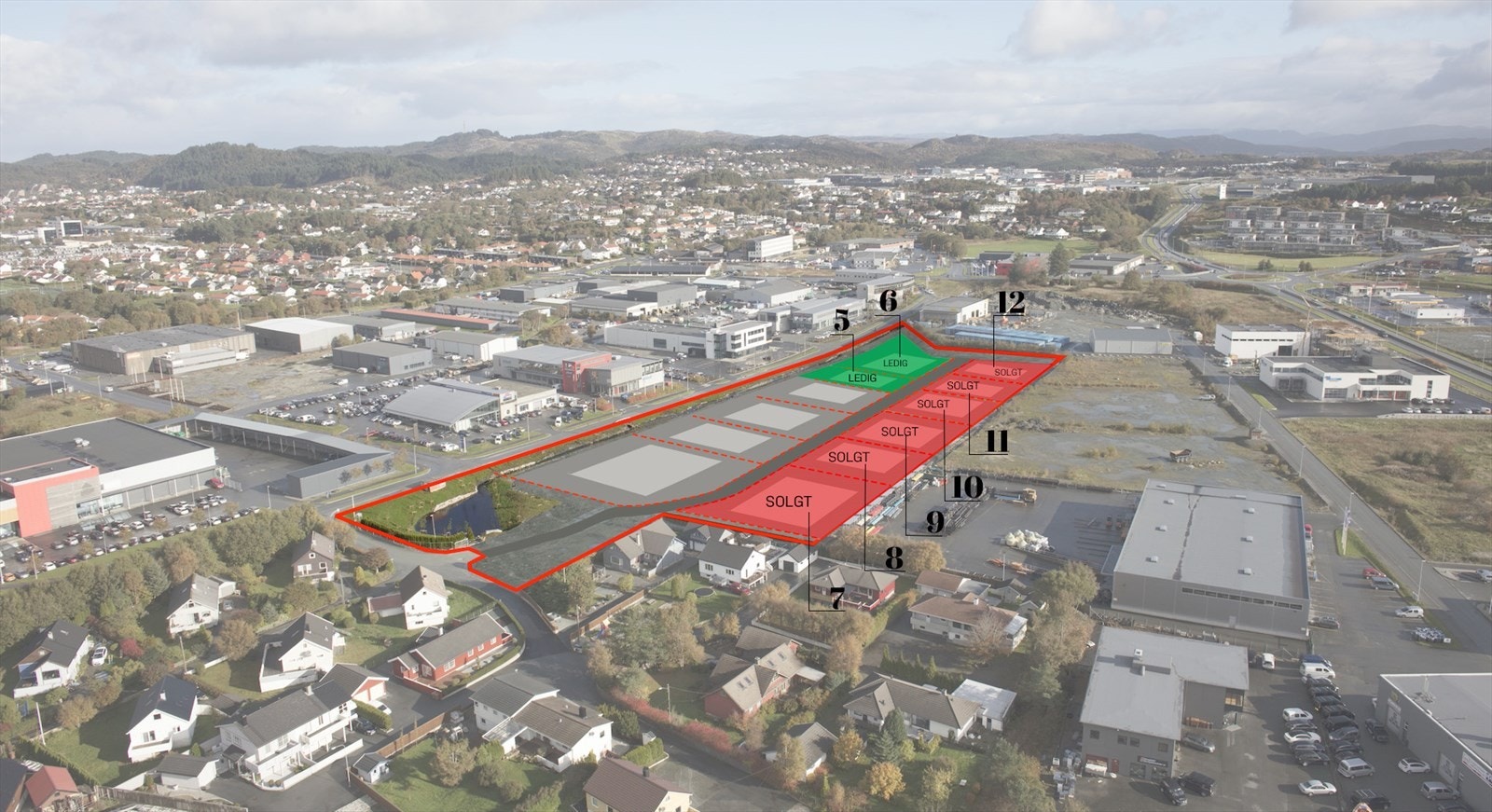 Tomter i Norheim Næringspark til salgs - Oversikt ledige (grønne) og solgte (røde) tomter Galleribilde