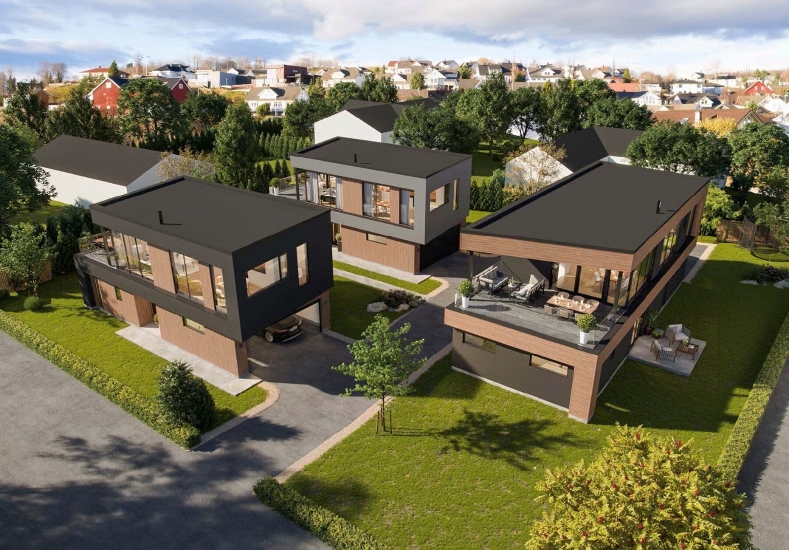 Illustrasjonstegning som viser hvordan de to naboboligene blir liggende ift Bekkesvevegen 53A Galleribilde