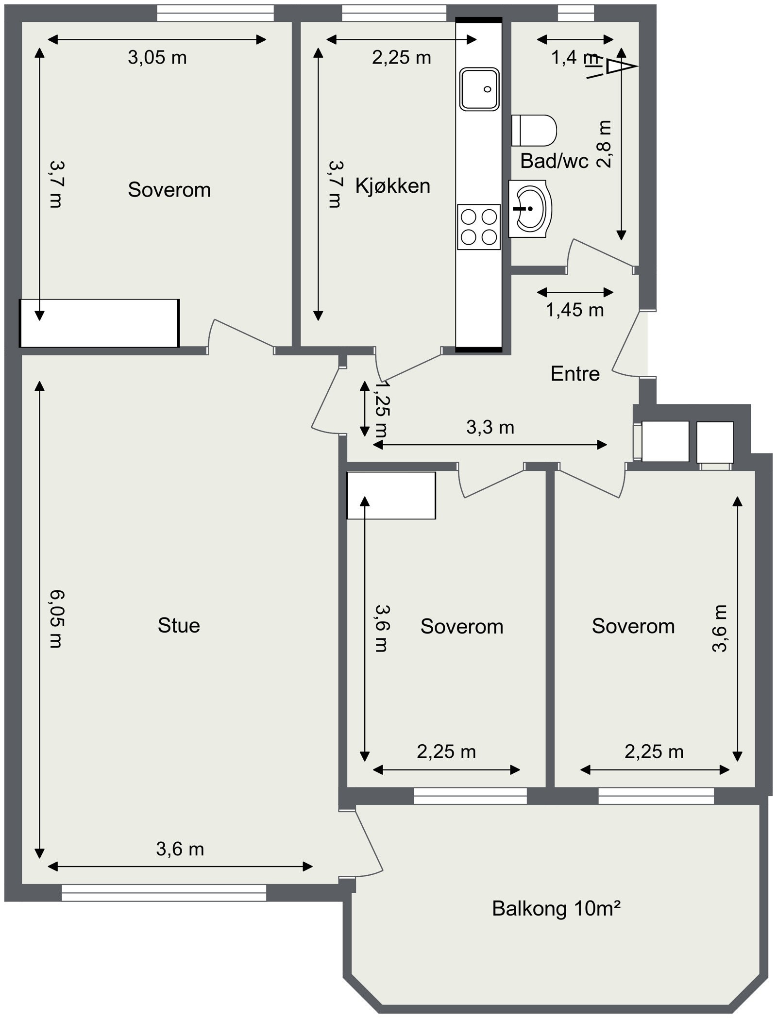 Innhold: Entré, bad/wc, kjøkken, 3 soverom, og stue. Galleribilde