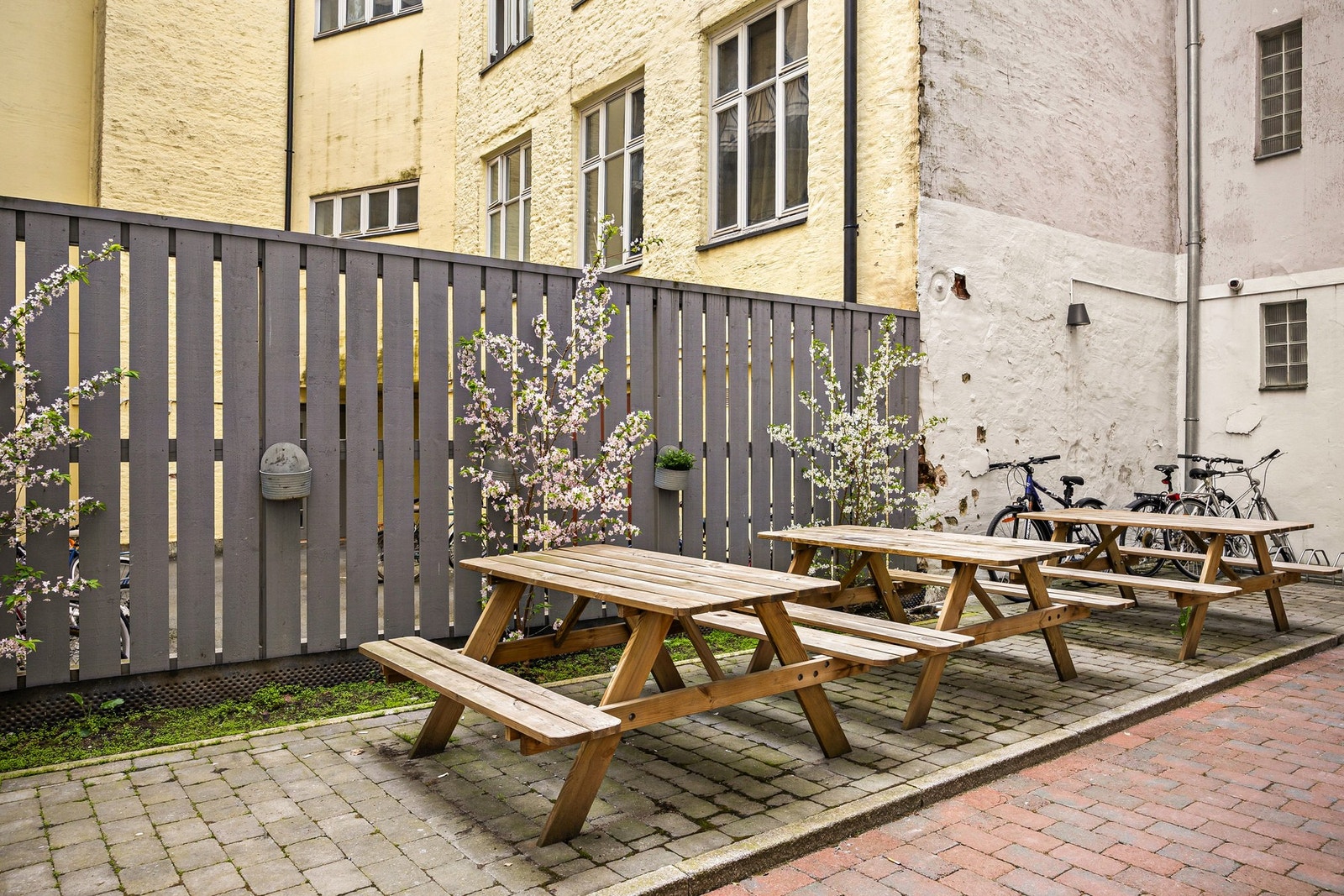 Bakgården er velholdt og innbydende. Det er satt opp benker til glede for beboerne. Sykkelparkering på anvist plass. Galleribilde