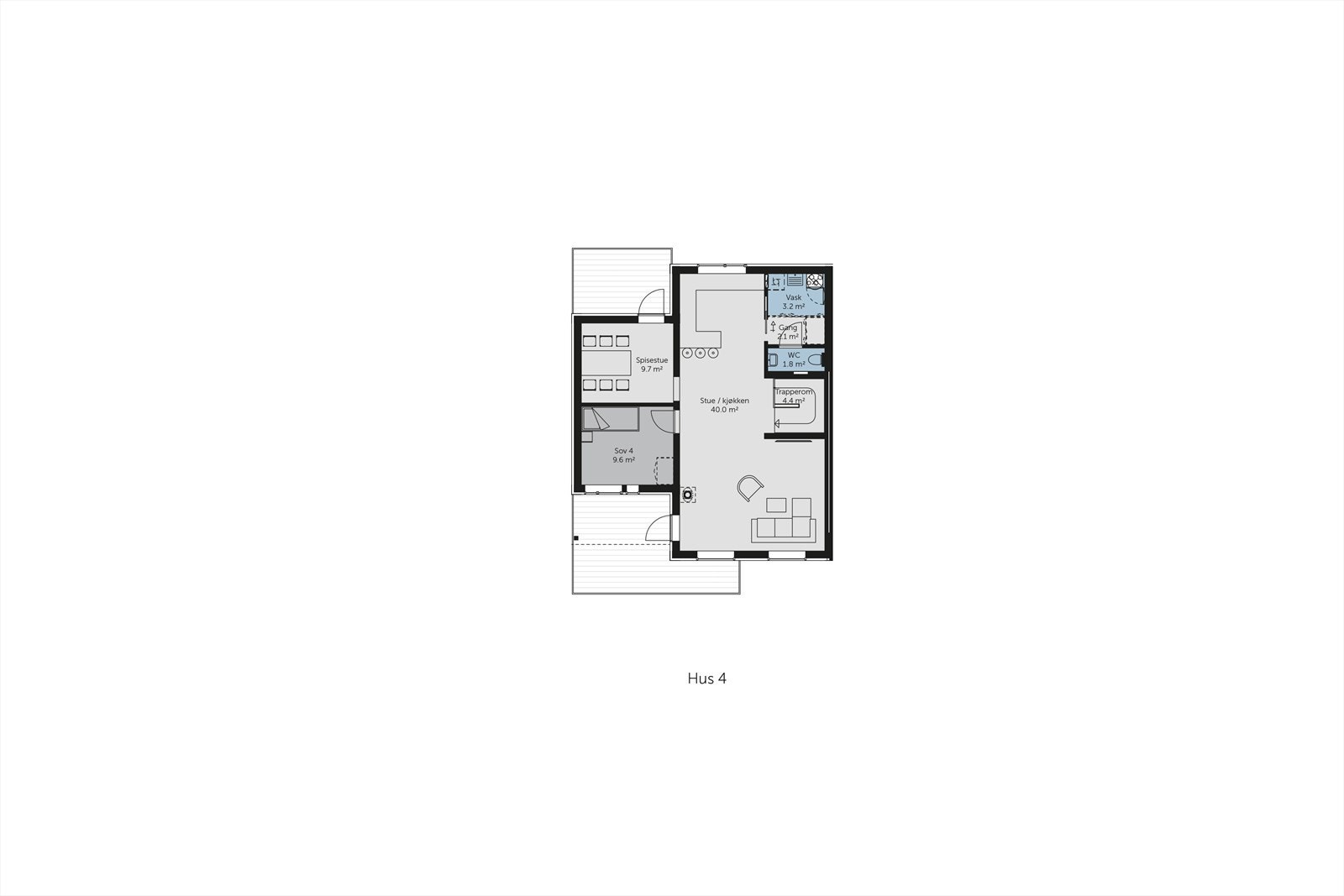 Plantegning av boligens 2. etasje. Merk at tegningene er fra prosjektet. Ved kjøkkenet er åpningen til spisestuen større, og gangen mellom wc og vaskerom er et bad. Galleribilde