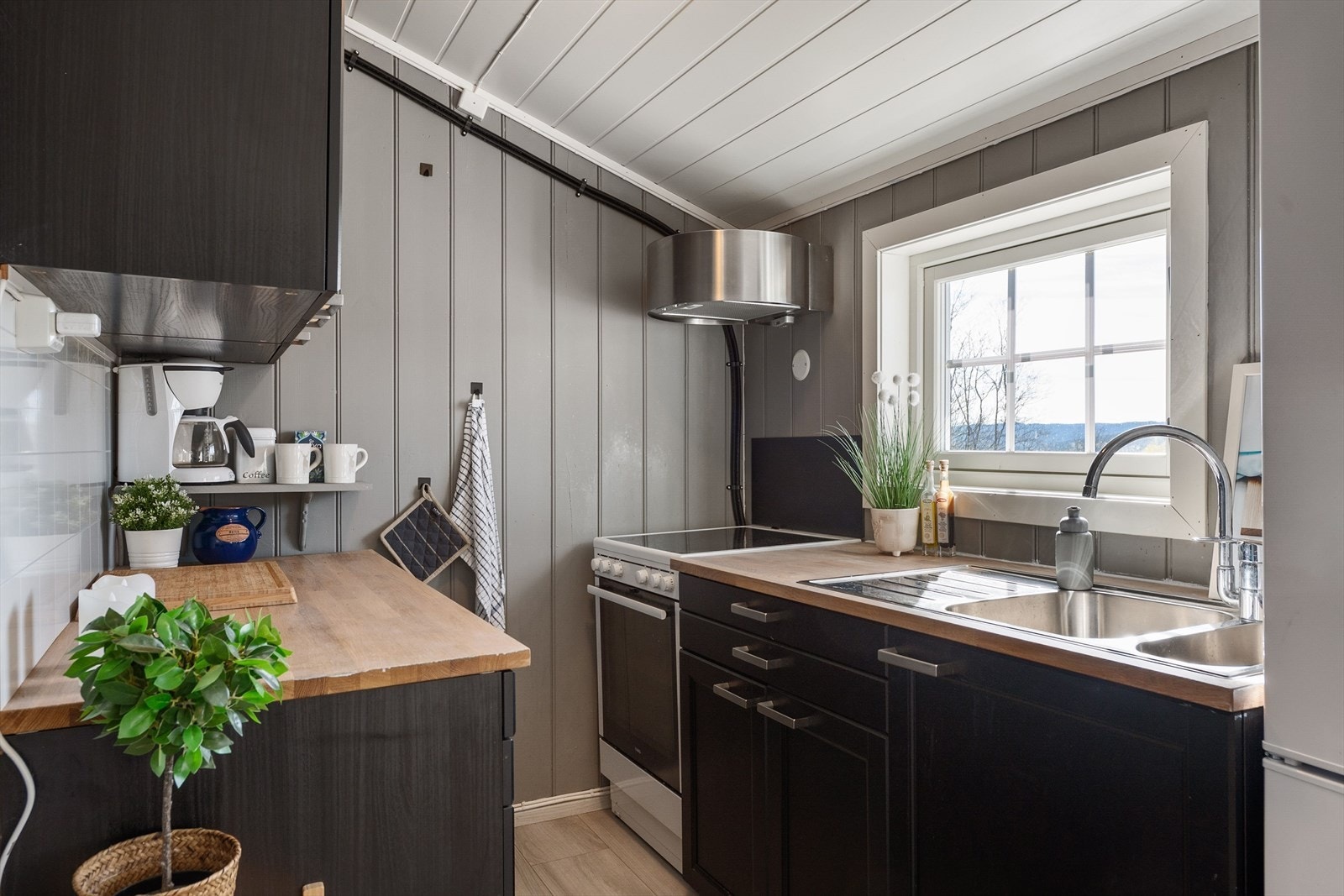 Arealeffektivt hyttekjøkken med smart sidehengslet vindu - perfekt for enkel overlevering av grillmat til terrassen. Galleribilde
