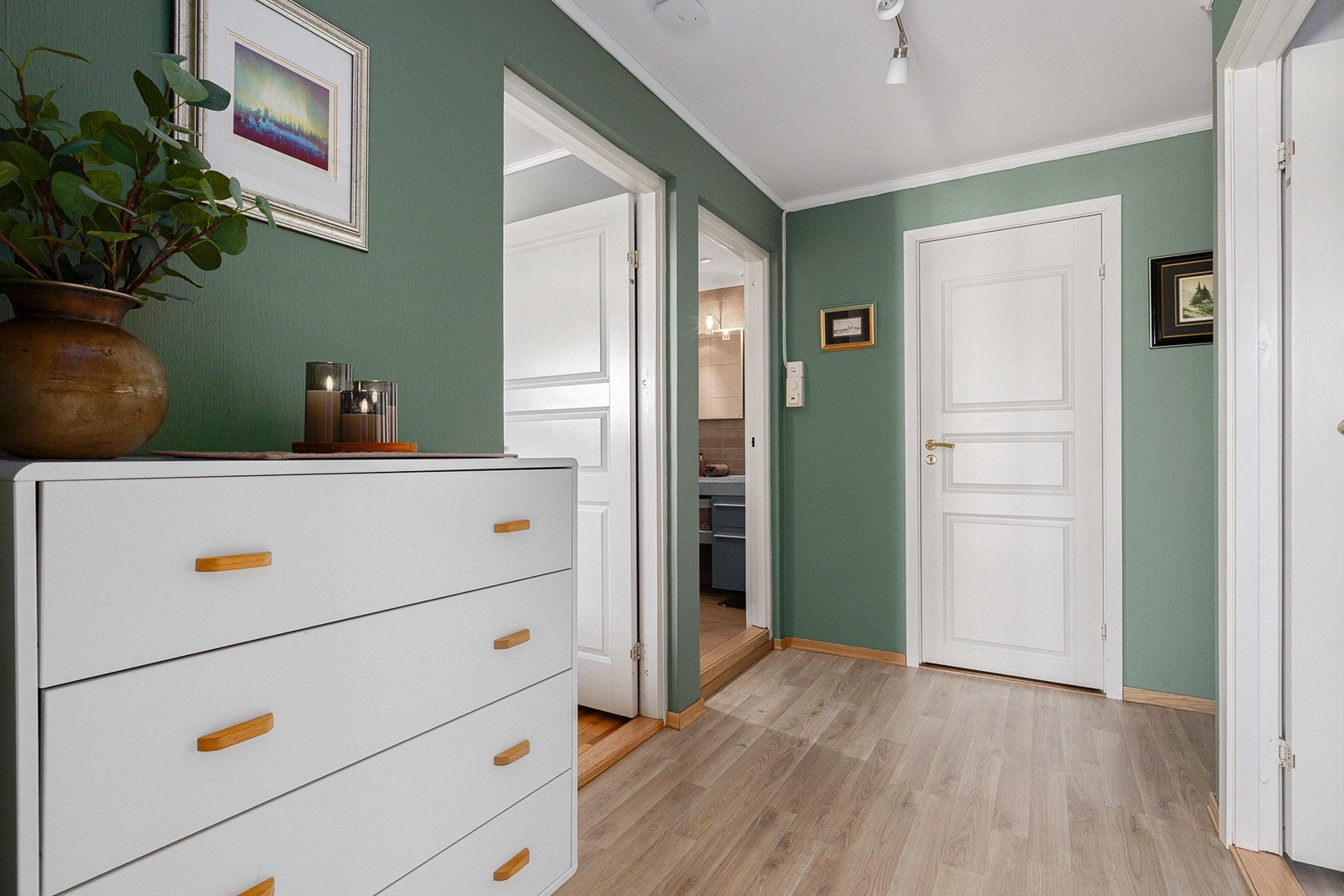 Hall: fra inngang og inn til soverom, bad og ekstratoalett. (f.v.) Galleribilde