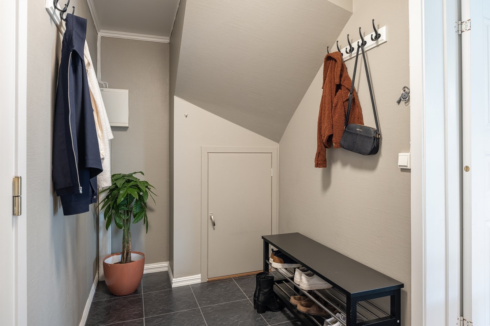 Innbydende entré med plass til oppheng av klær og plassering av sko. Galleribilde