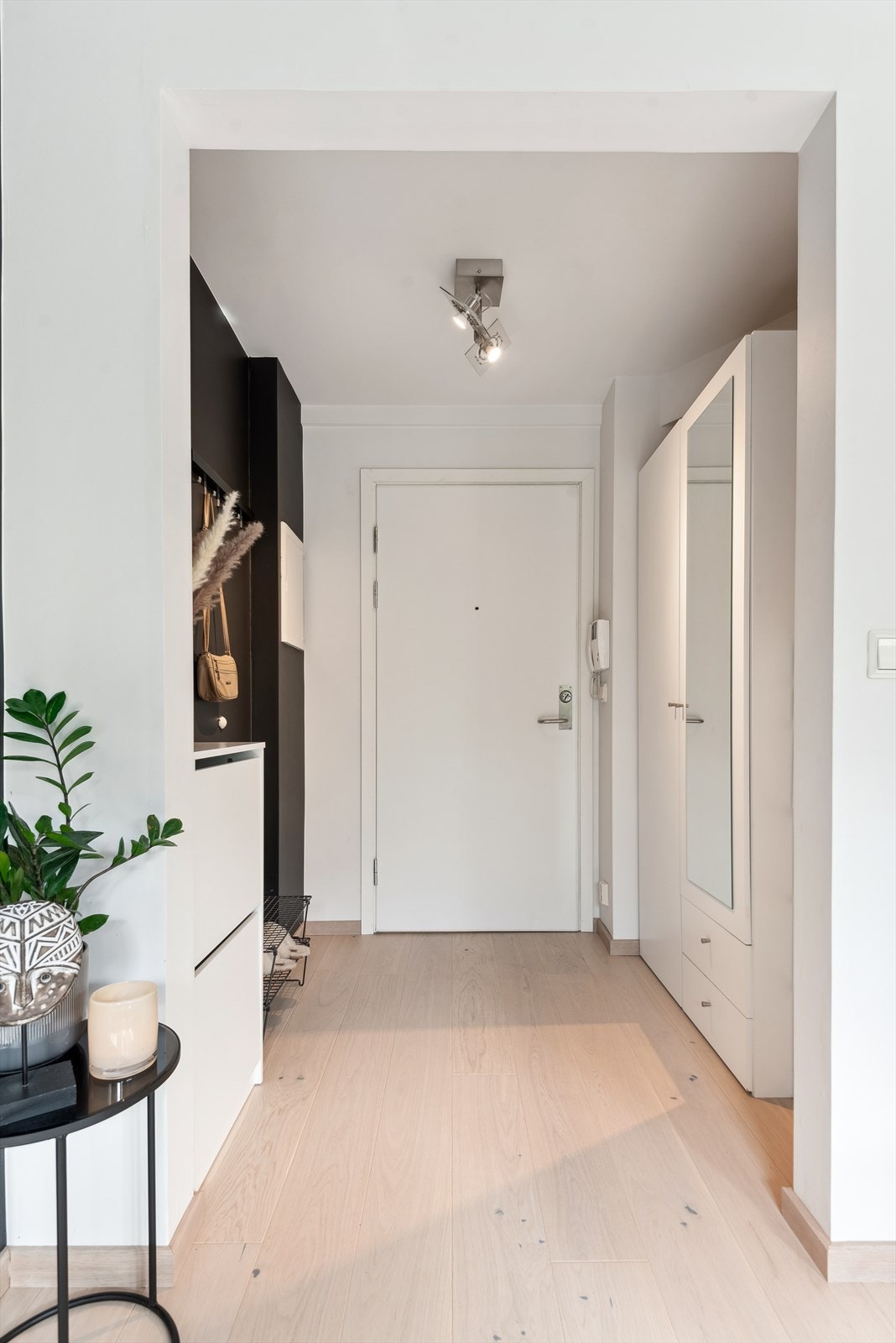 Entreen er praktisk innredet med garderobeskap med speil. På motsatt side er det malt en kontrastvegg hvor det også er tilrettelagt for klesoppbevaring i form av knaggrekke montert på vegg. Galleribilde