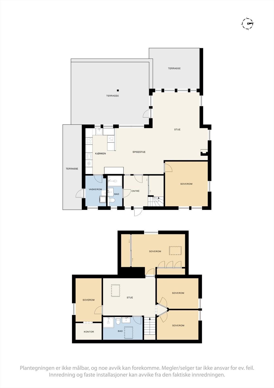 Plantegningen viser en arealeffektiv og familievennlig bolig med totalt fem soverom, fordelt over to plan. Galleribilde