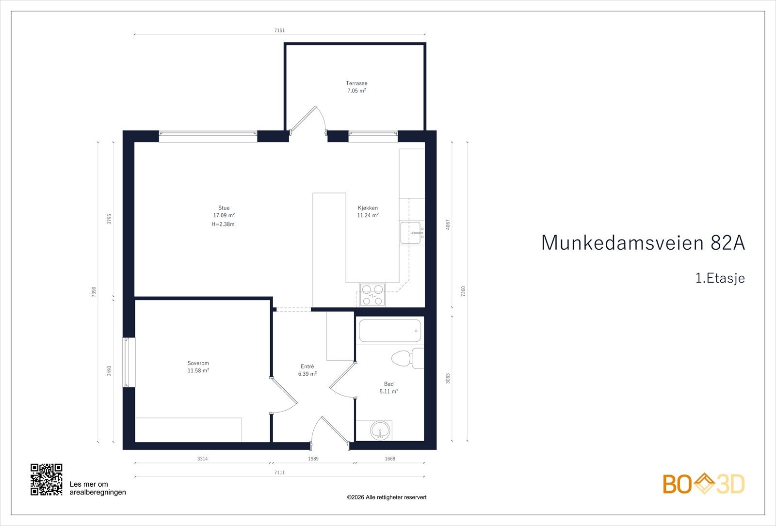 Leiligheten inneholder: entré med skyvedørsgarderobe, soverom med garderobeskap, bad, stue med åpen kjøkkenløsning og utgang balkong. Galleribilde